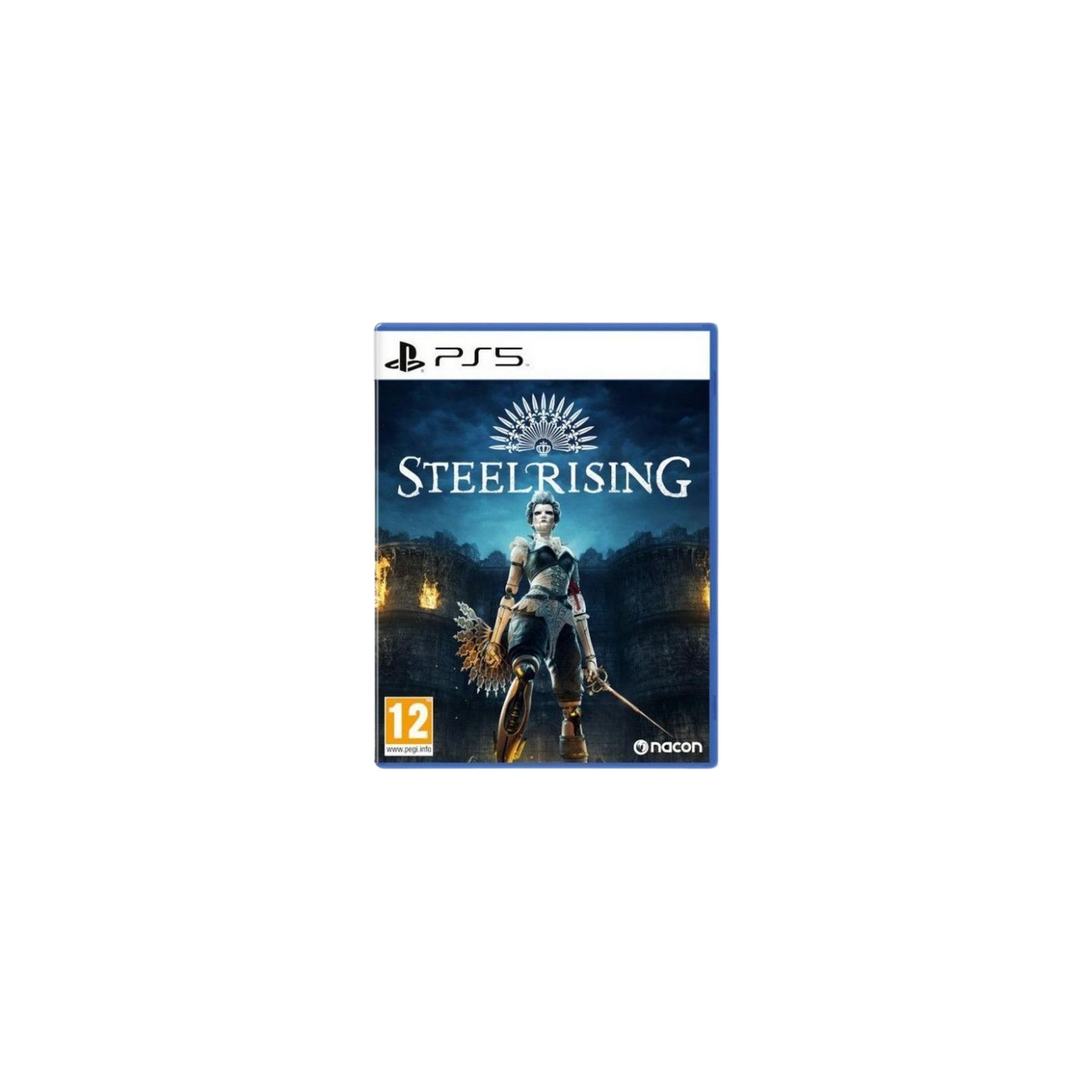 Custodia gioco PS5 Steelrising con donna meccanica davanti a un castello.