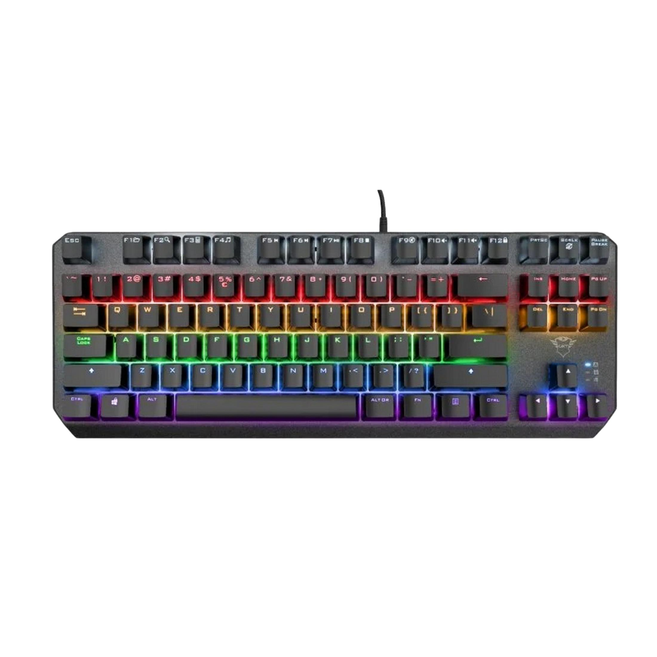 Una tastiera meccanica nera con retroilluminazione RGB. I tasti mostrano lettere e simboli.
