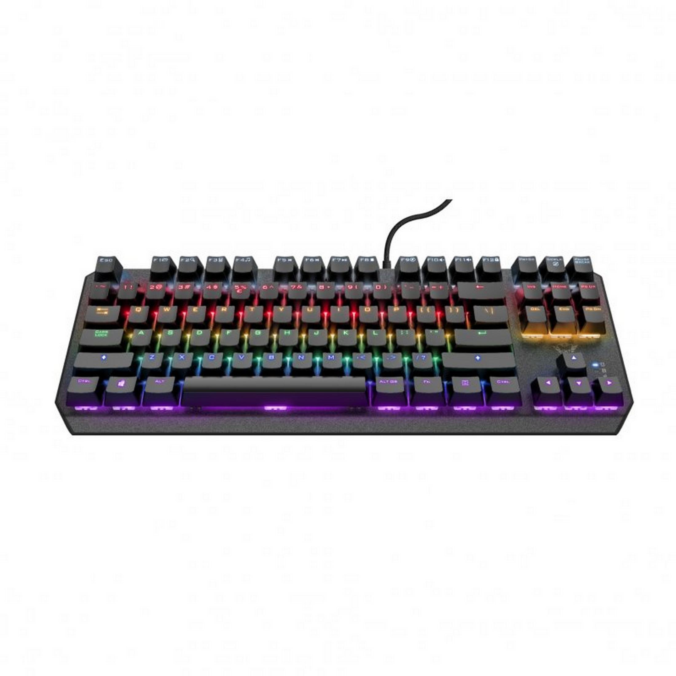 Una tastiera meccanica nera con retroilluminazione RGB colorata.