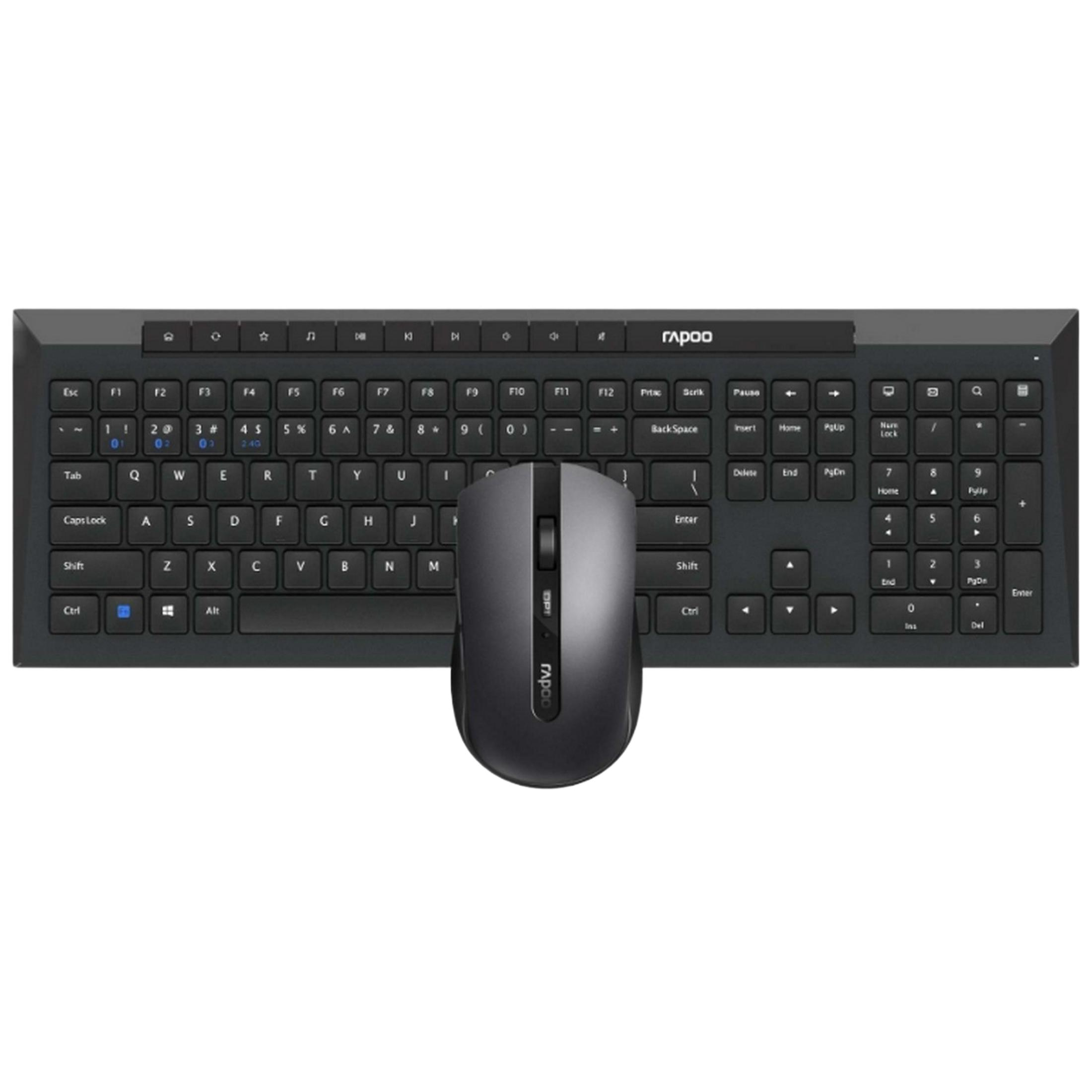 Teclado y ratón negros con diseño de teclado alemán.