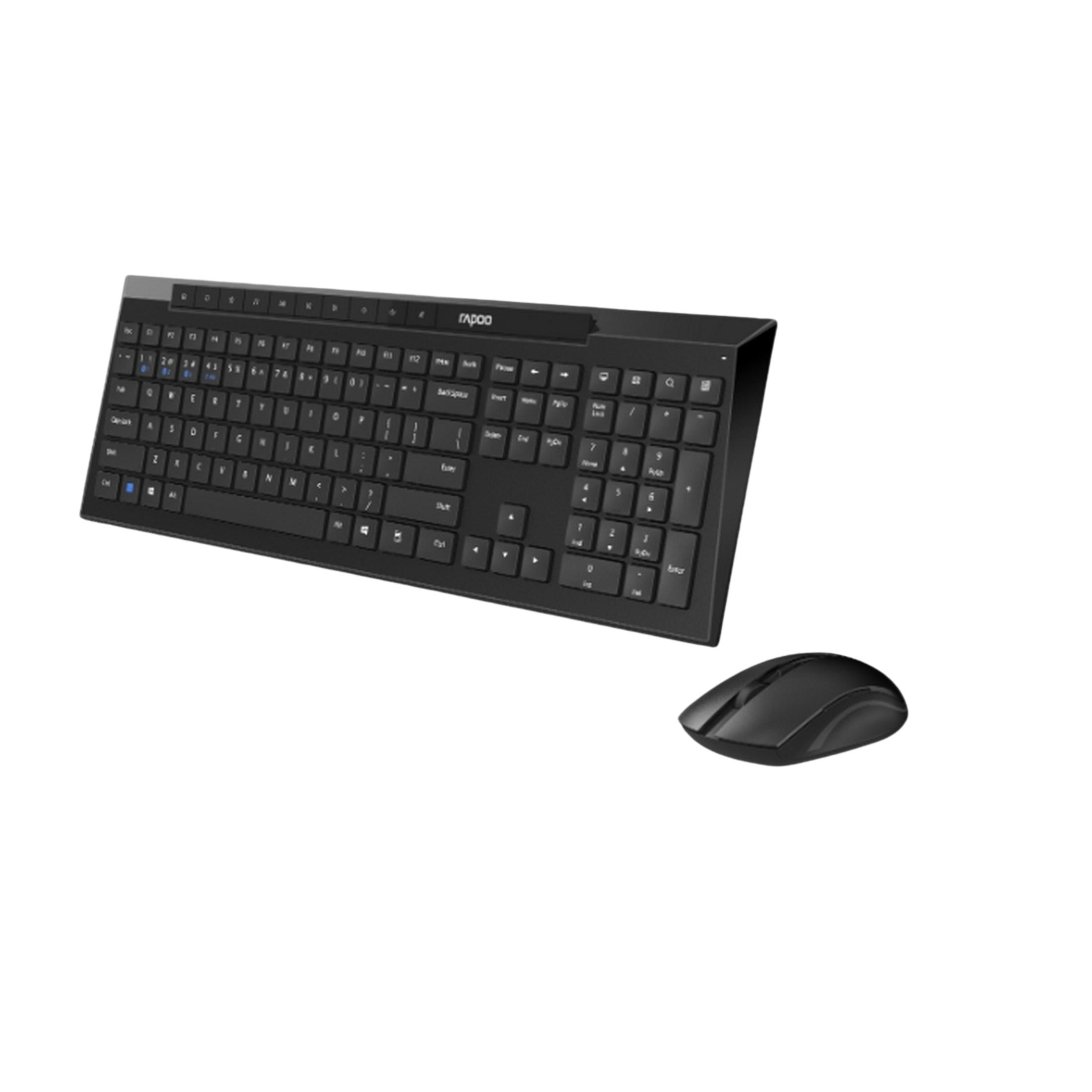 Teclado y ratón Rapoo negros sobre fondo blanco.