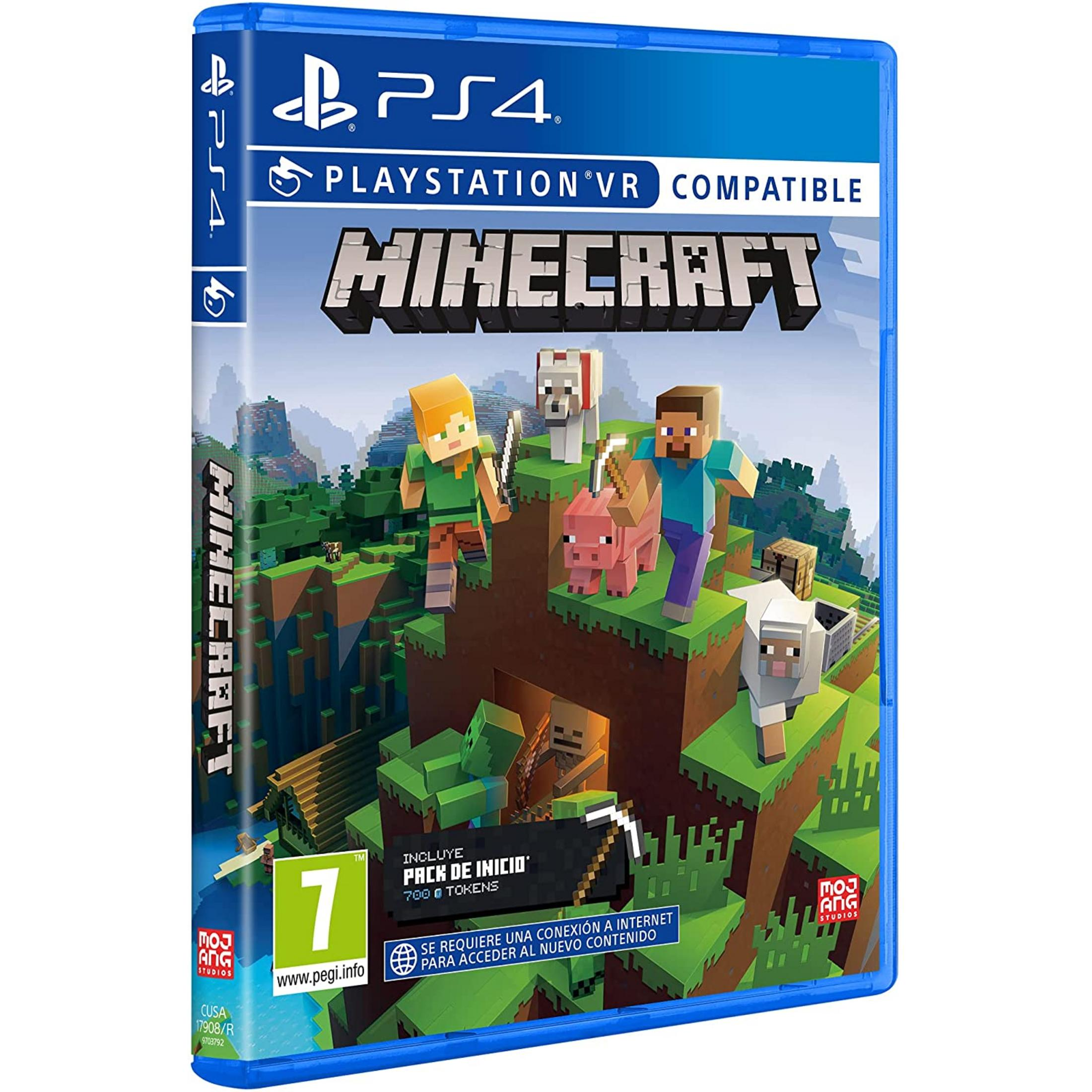 Pudełko gry Minecraft PS4 z postaciami, zwierzętami i górskim krajobrazem.