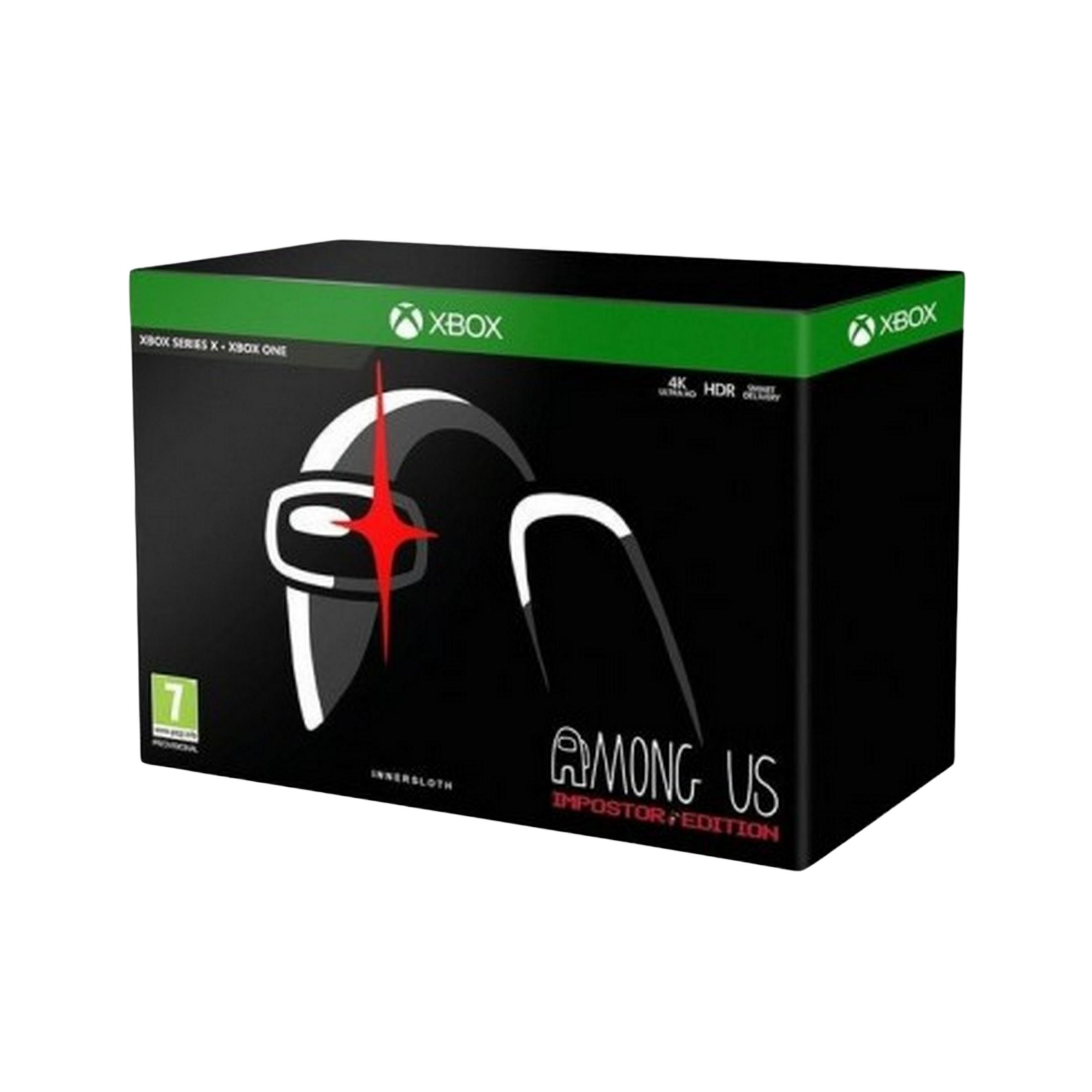 Caja negra Xbox Among Us Impostor Edition con detalles verdes y arte del juego.