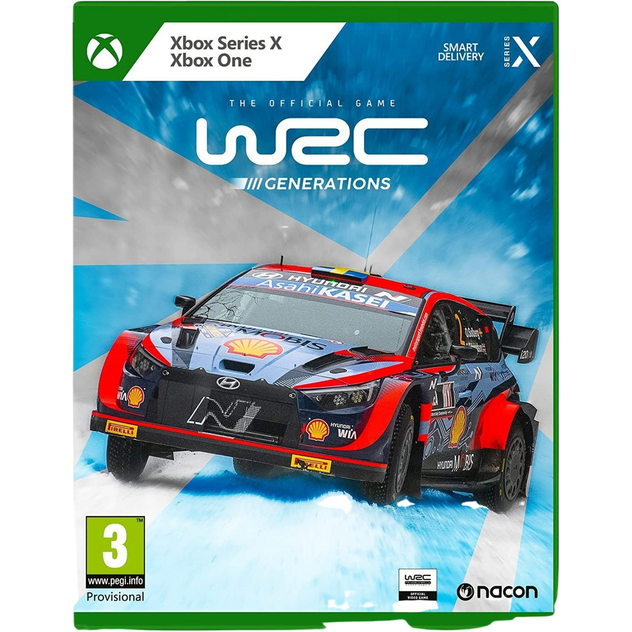 Coche de rally WRC en nieve, carátula de juego Xbox Series X/One con logo 'WRC Generations'.