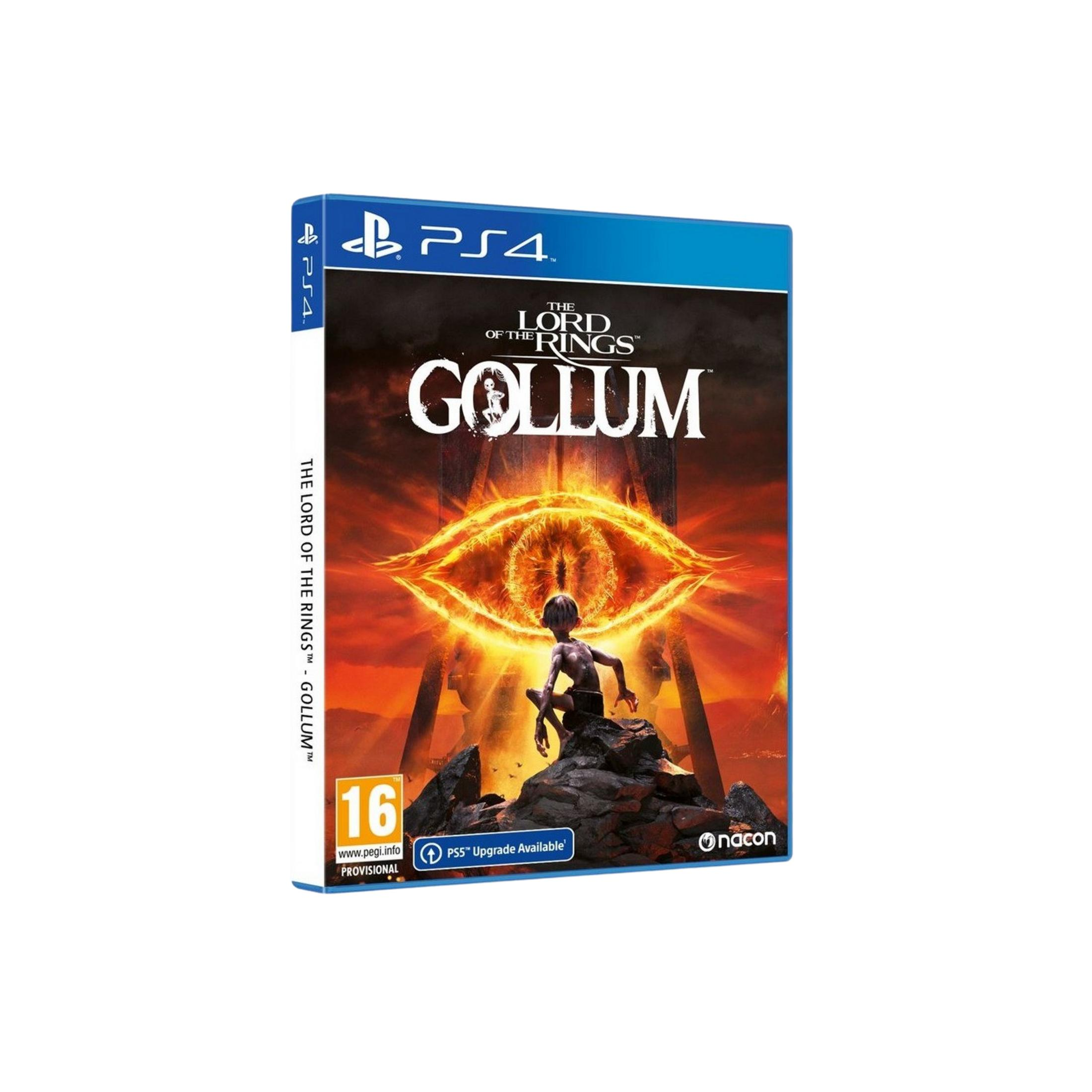 Caja del juego de PS4 para El Señor de los Anillos: Gollum. Presenta a Gollum en rocas ante un ojo de fuego.