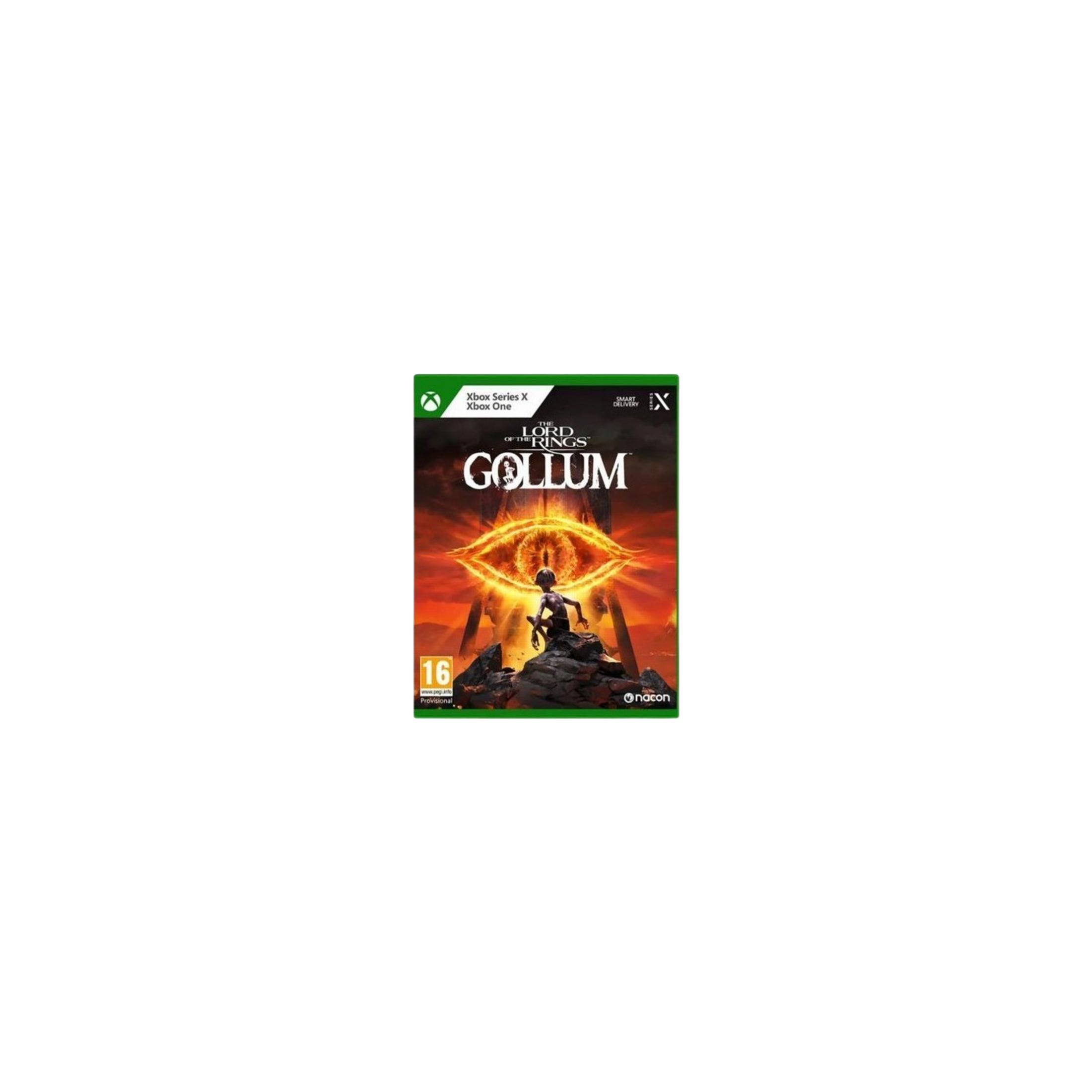 Portada del juego de Xbox El Señor de los Anillos: Gollum, con Gollum ante un ojo ardiente.