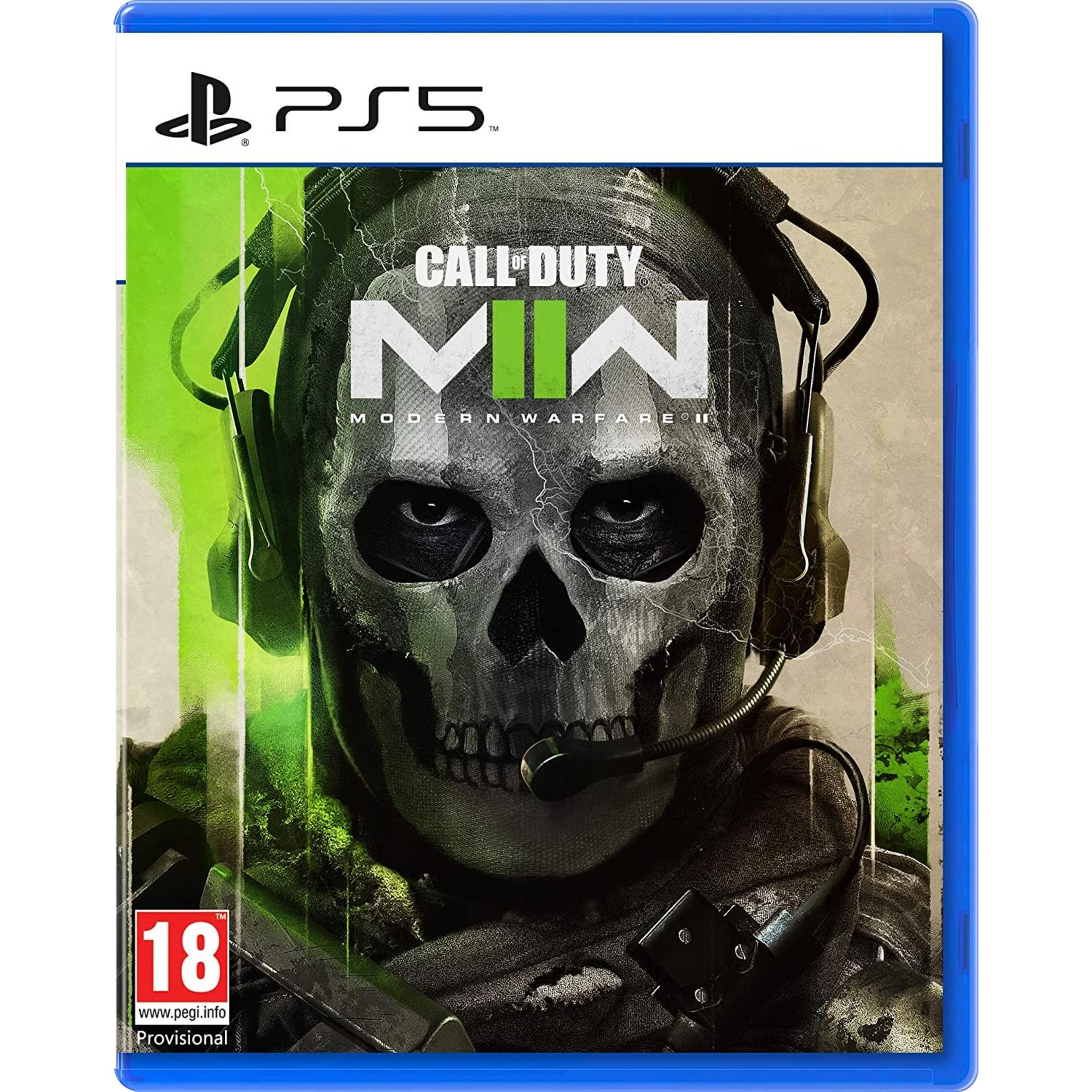 Funda PS5 Call of Duty Modern Warfare II con logo de calavera y acentos verdes.