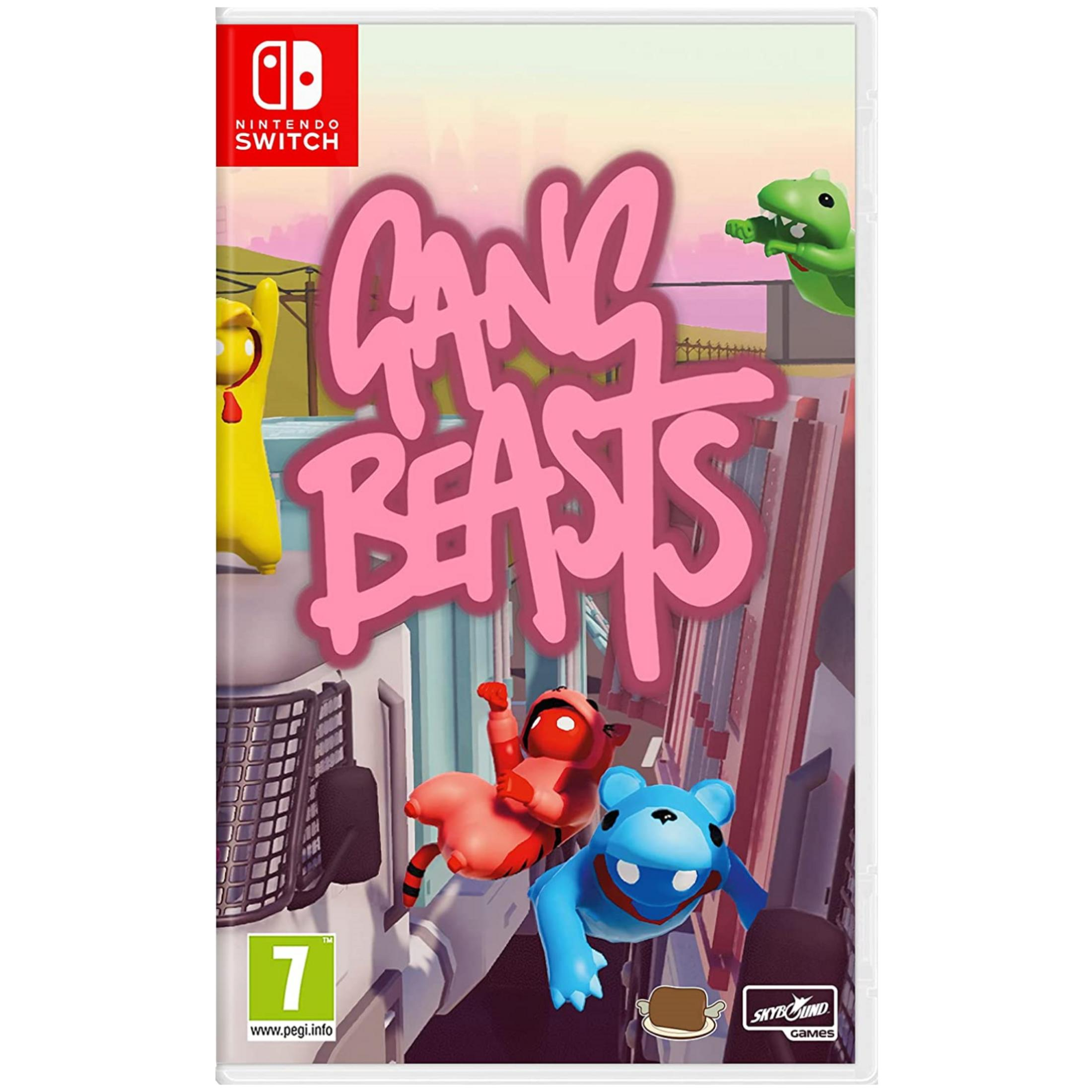 Copertina gioco con colorati personaggi Gang Beasts: blu, rosso, giallo, verde. Logo Nintendo Switch.