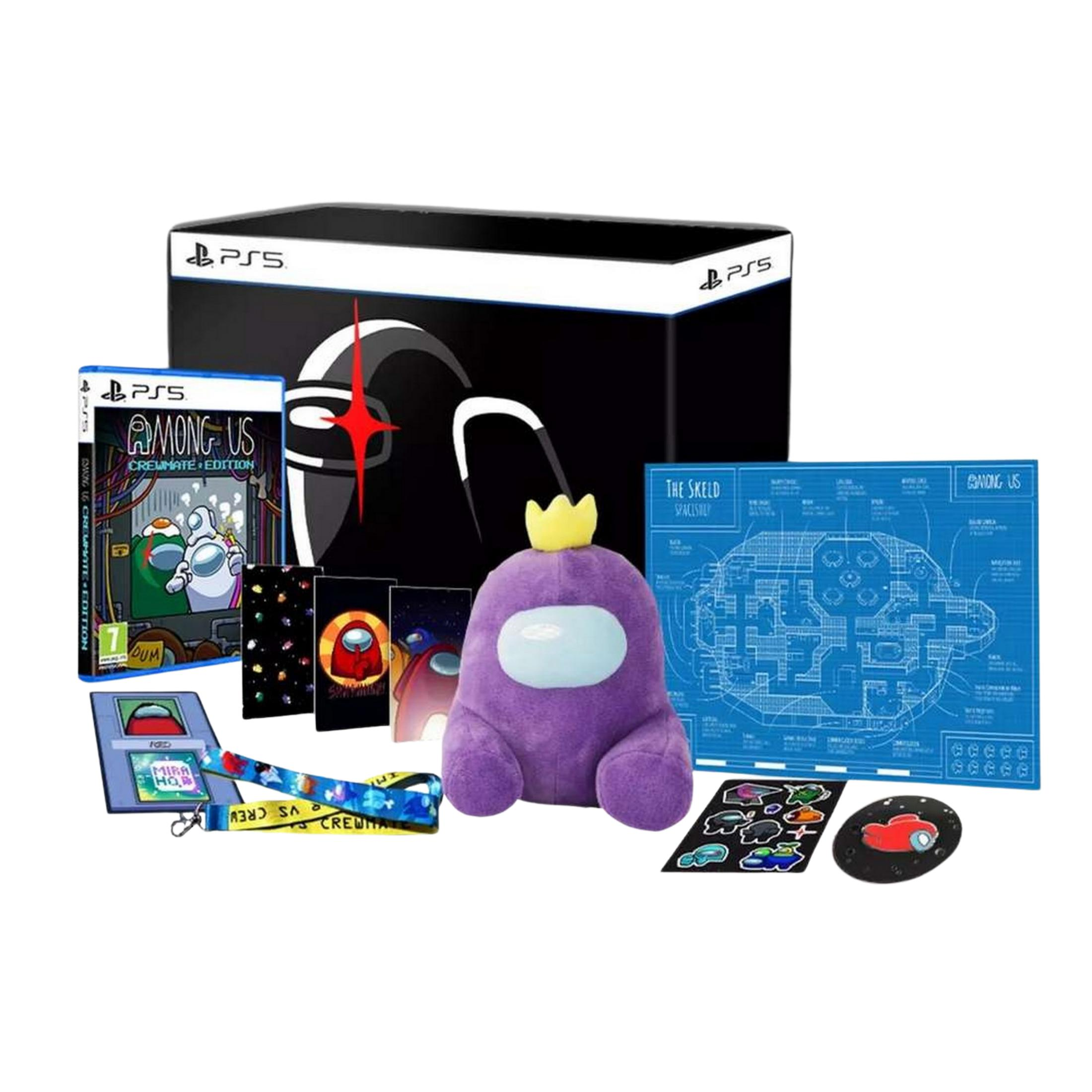Gioco PS5 Among Us, peluche, adesivi e schema su sfondo bianco.