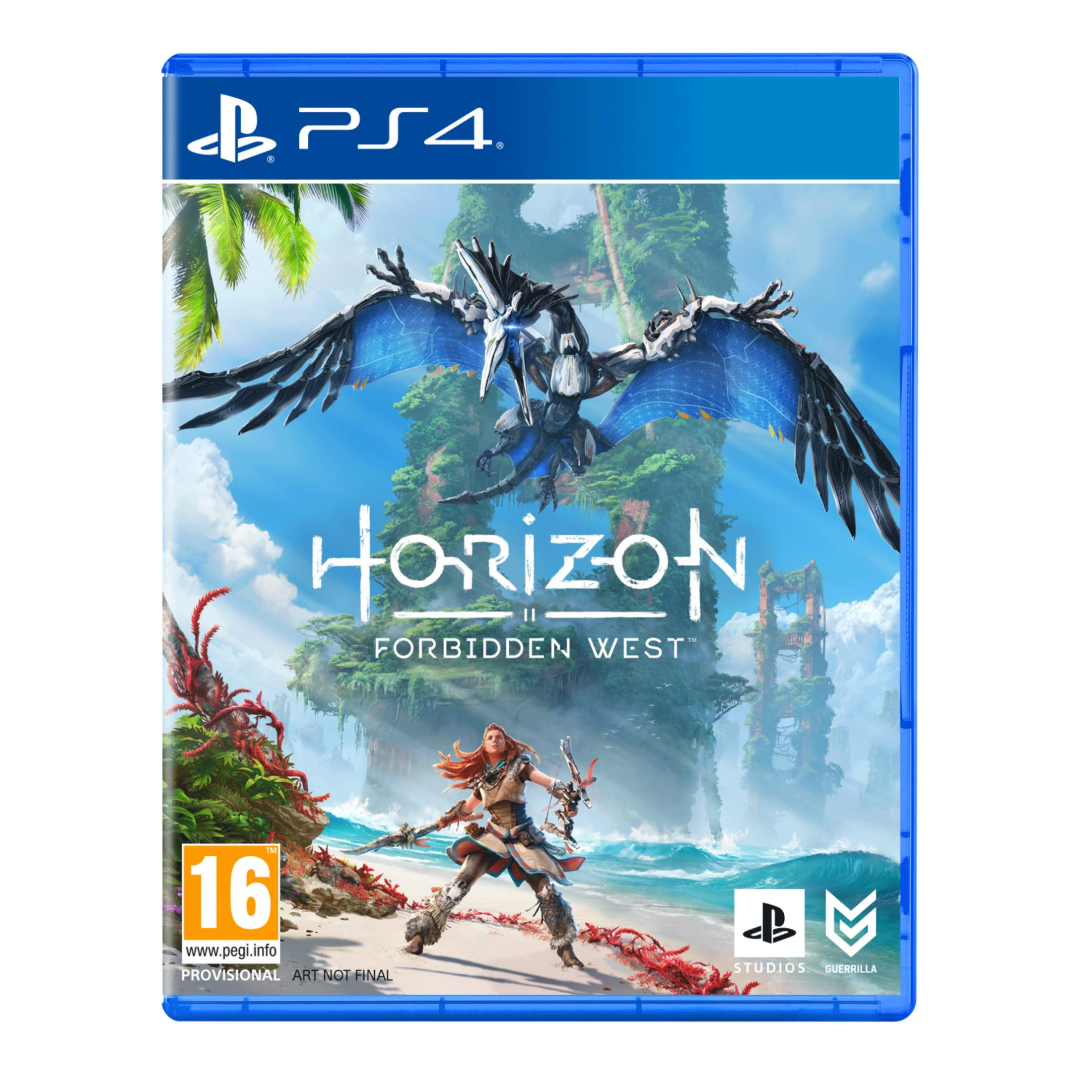 Portada PS4: Mujer con arco, mecha volador, ruinas, islas tropicales.