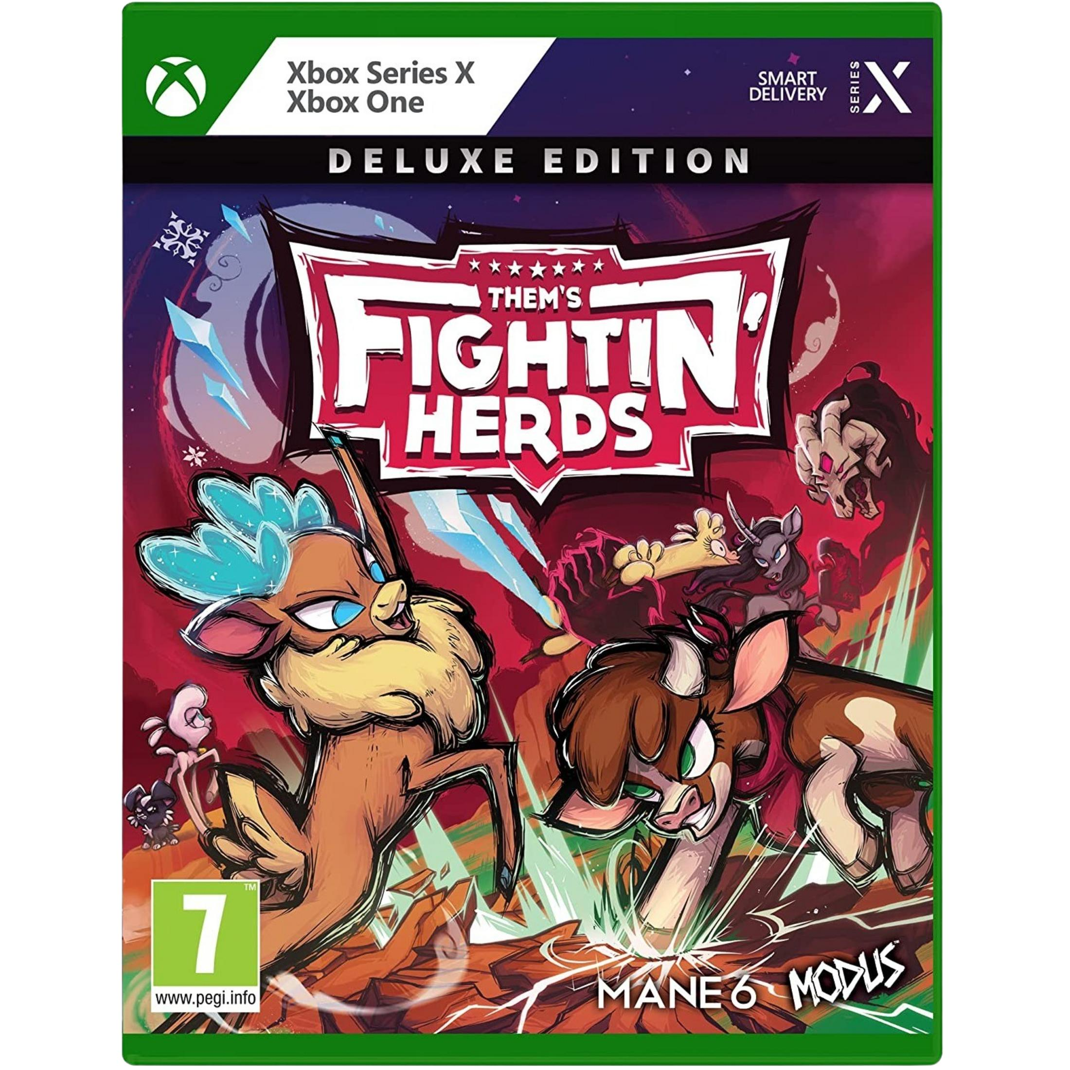 Copertina gioco Xbox: Them's Fightin' Herds Deluxe Edition. Personaggi animali in azione.