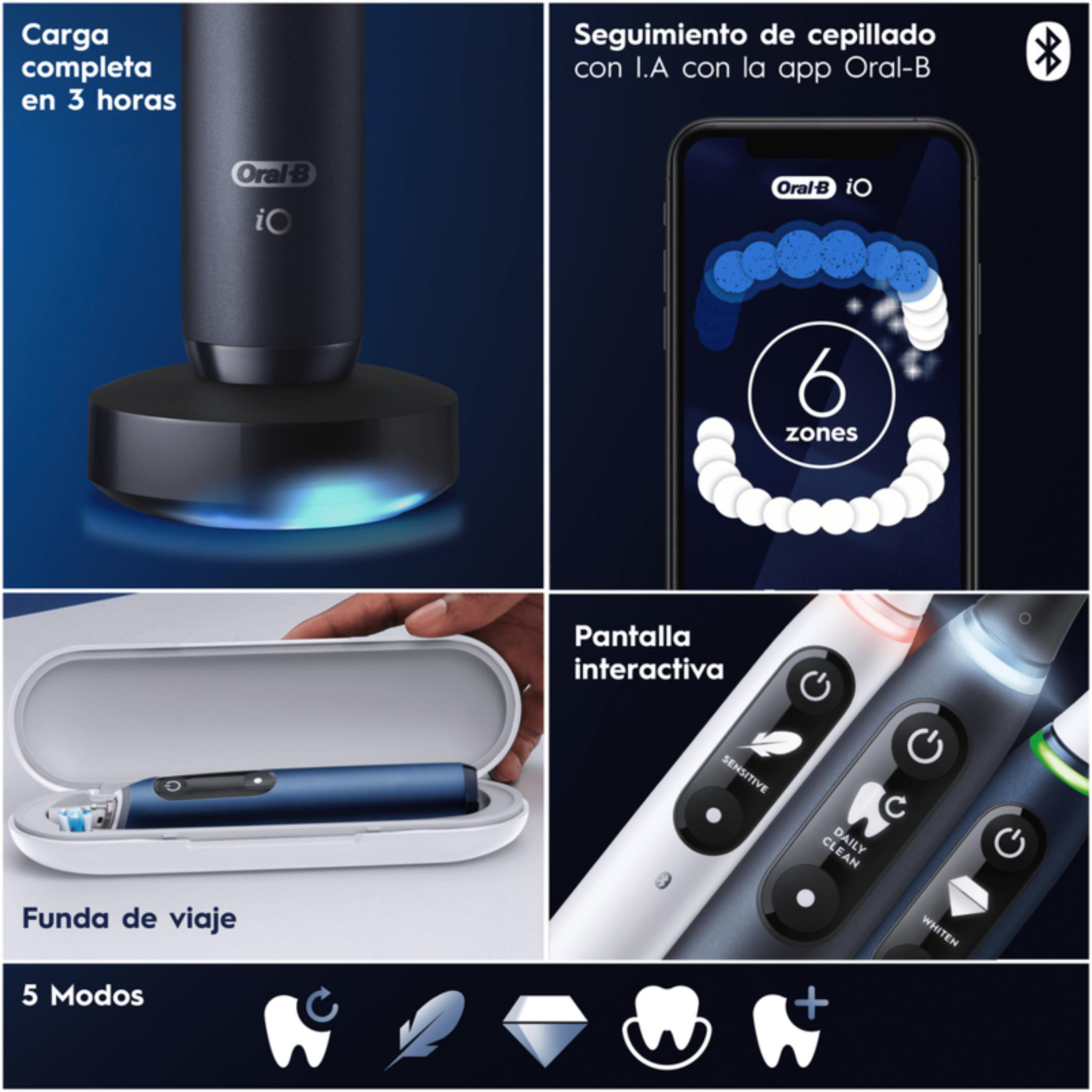 Cepillo Oral-B iO: base de carga, seguimiento app, estuche viaje y modos.