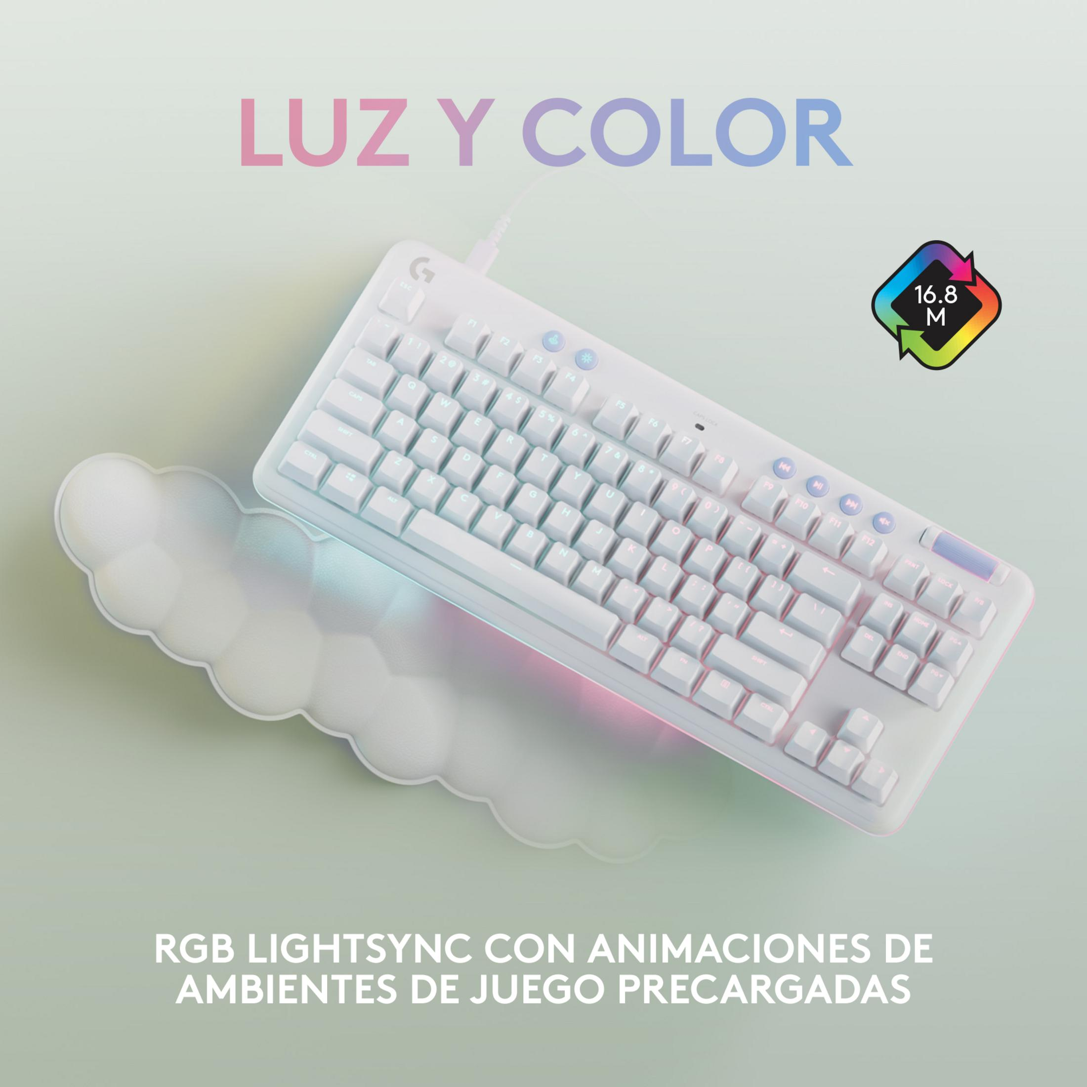 Una tastiera gaming RGB bianca con poggiapolsi a forma di nuvola ed effetti luminosi RGB.