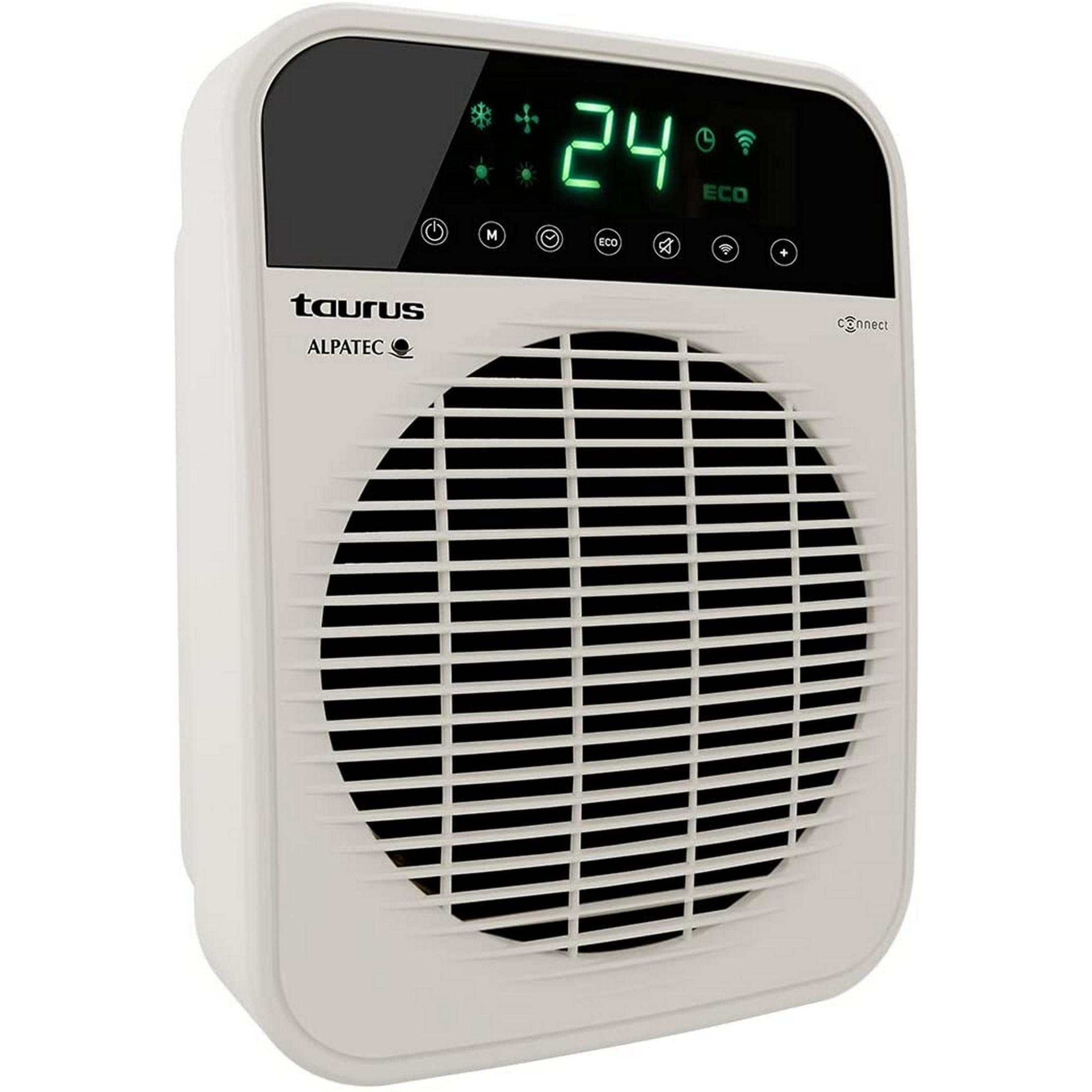 Un termoventilatore bianco Taurus Alpatec con display digitale e griglia.