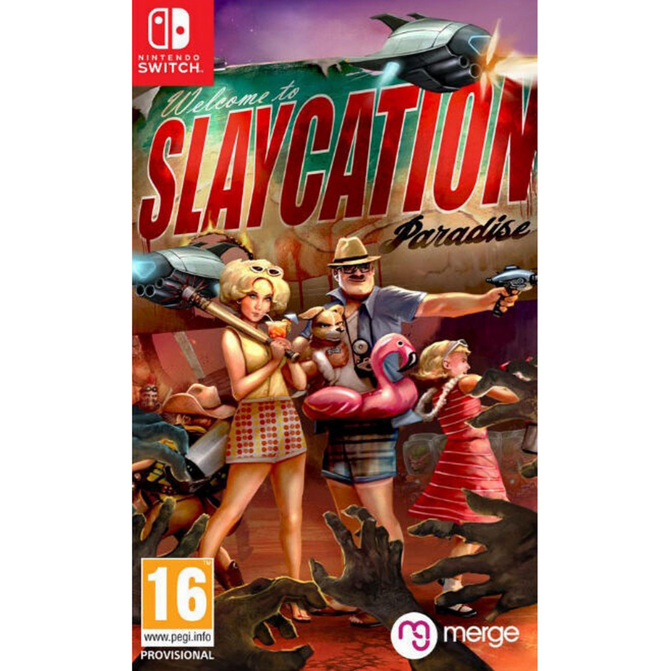 Benvenuti a Slaycation Paradise: Copertina gioco Nintendo Switch con personaggi e astronave.