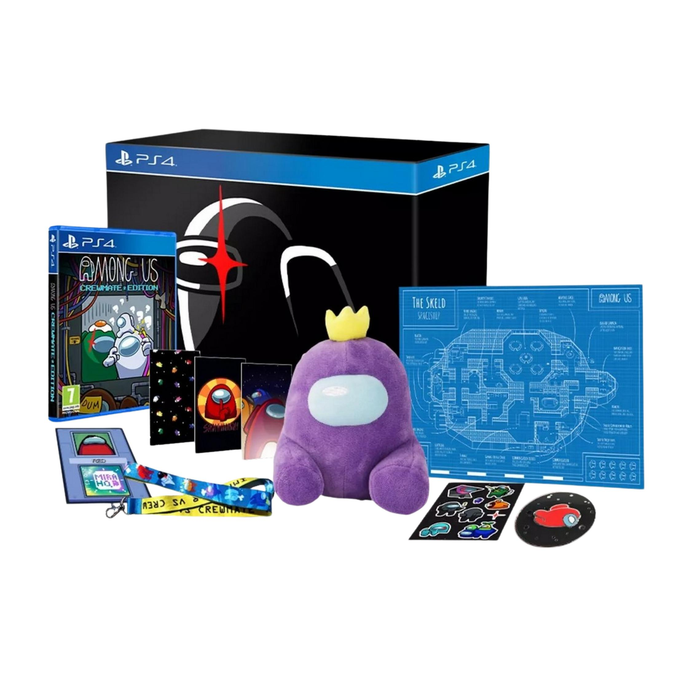Gioco Among Us PS4 Crewmate Edition, peluche, adesivi, cordino e mappa.