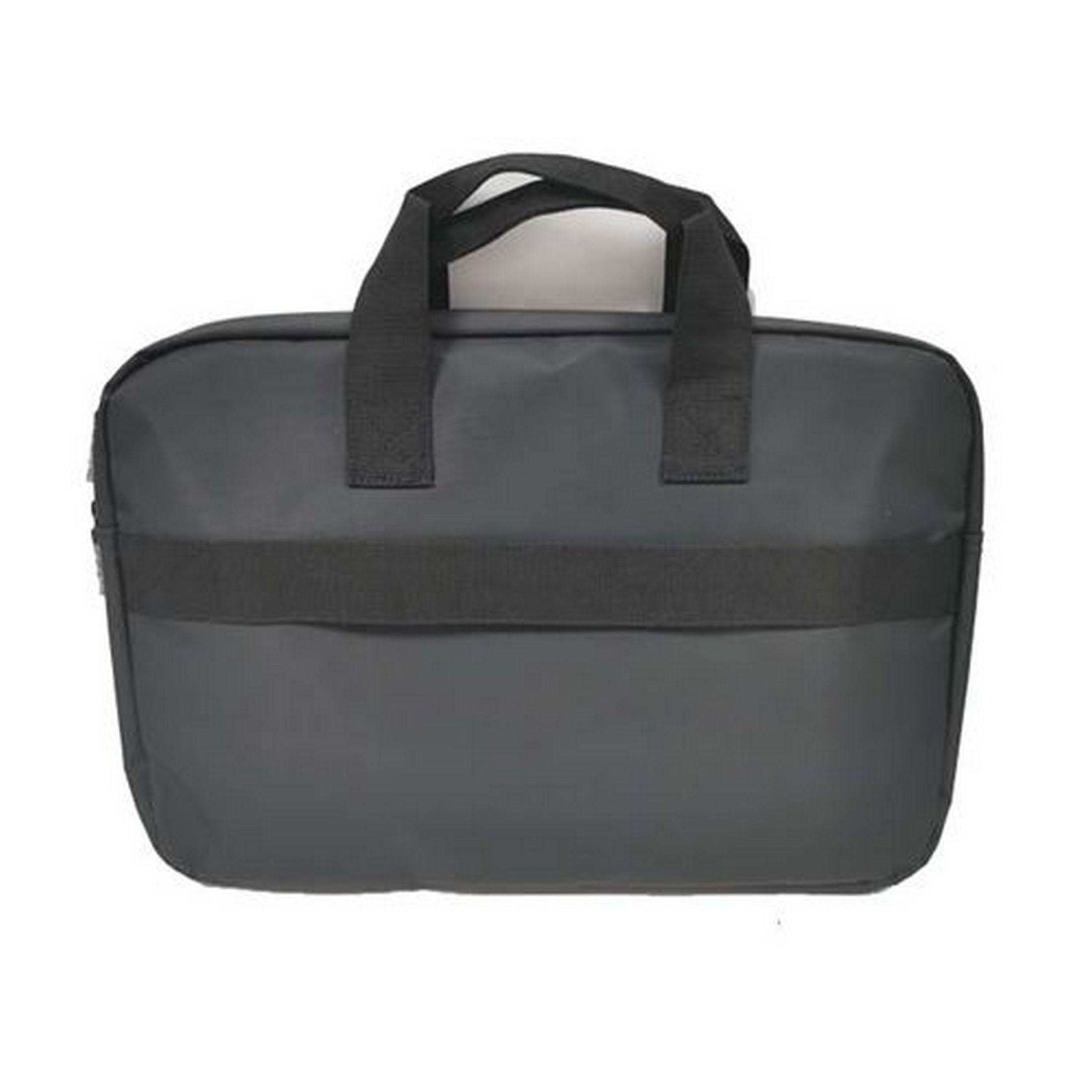 Bolso negro con dos asas y una correa horizontal sobre fondo blanco.