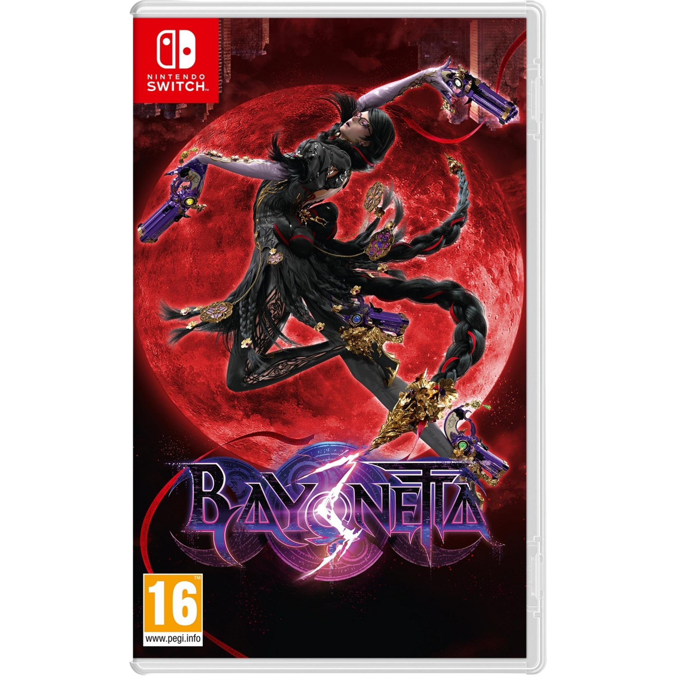 Bayonetta su Nintendo Switch con luna rossa e pistole.