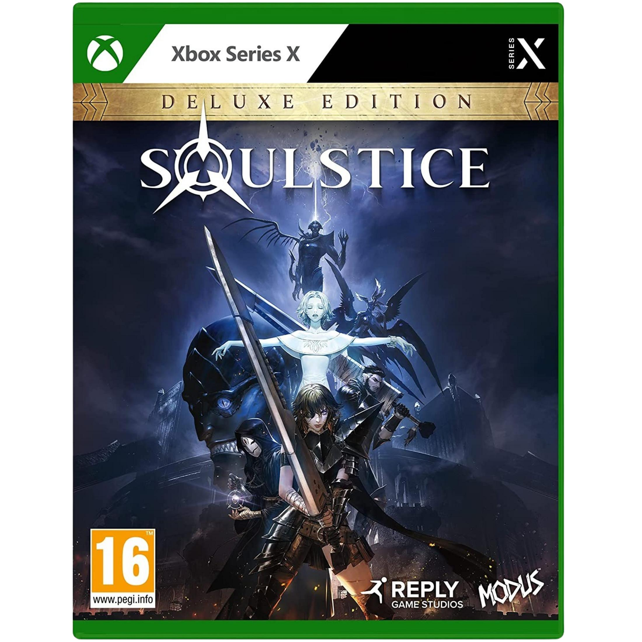 Copertina gioco Xbox Series X per Soulstice Deluxe Edition, con personaggi e una spada grande.