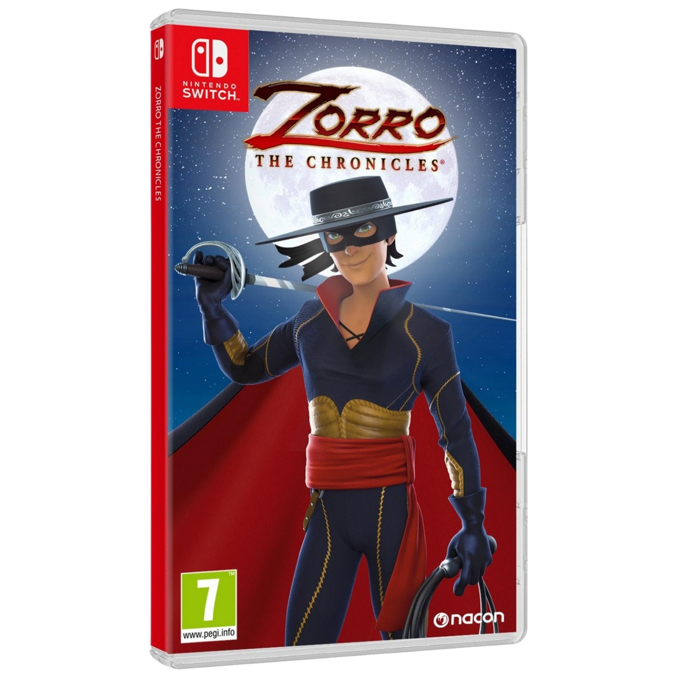 Copertina videogioco Zorro con Zorro che tiene spada e frusta.