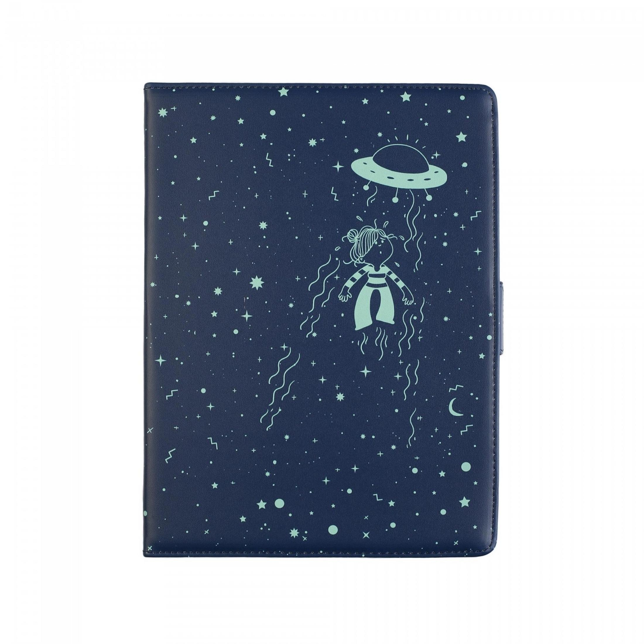 Funda azul oscuro con estrellas y una chica volando siendo abducida por un OVNI.