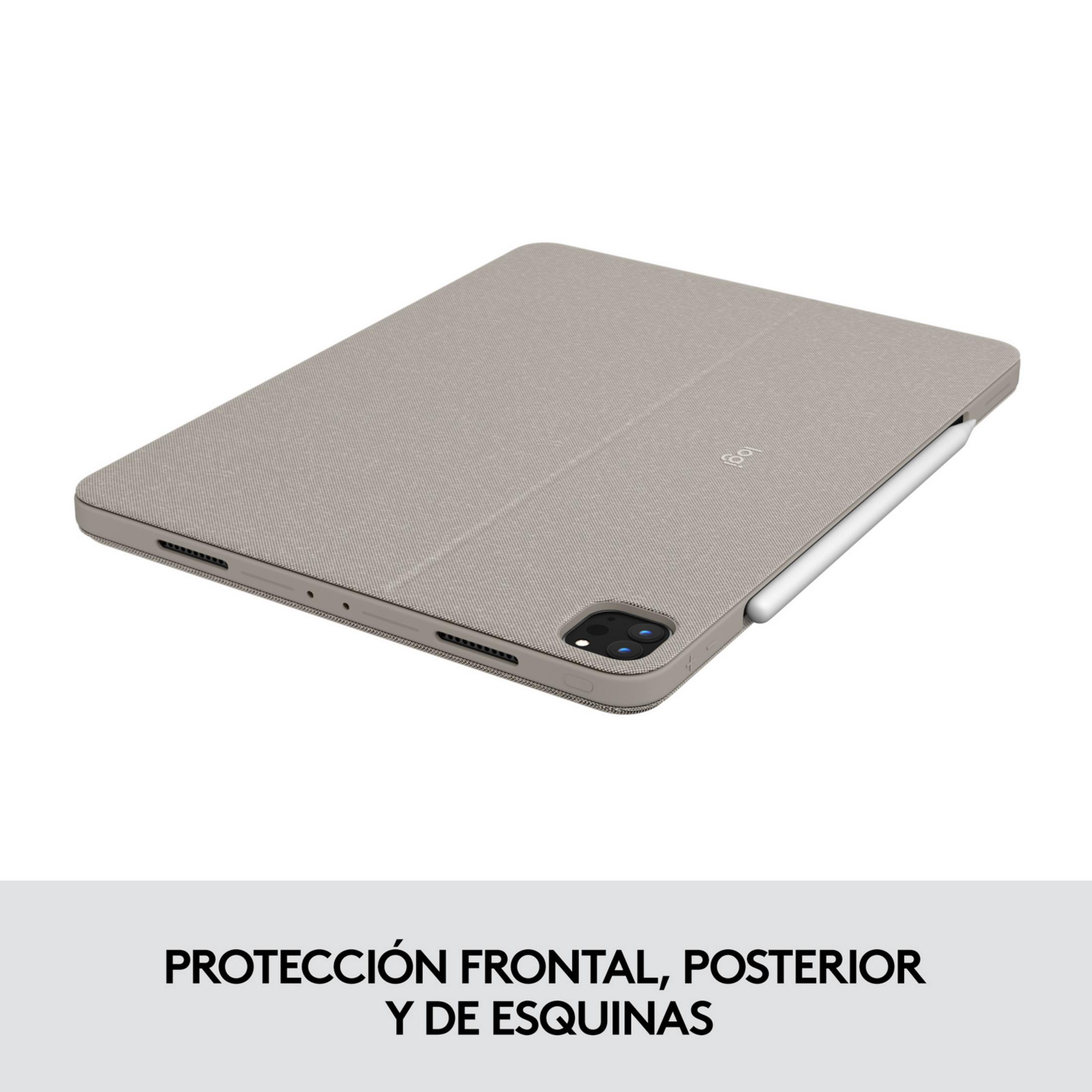Custodia grigia per tablet con stilo e ritaglio fotocamera, logo Logitech.