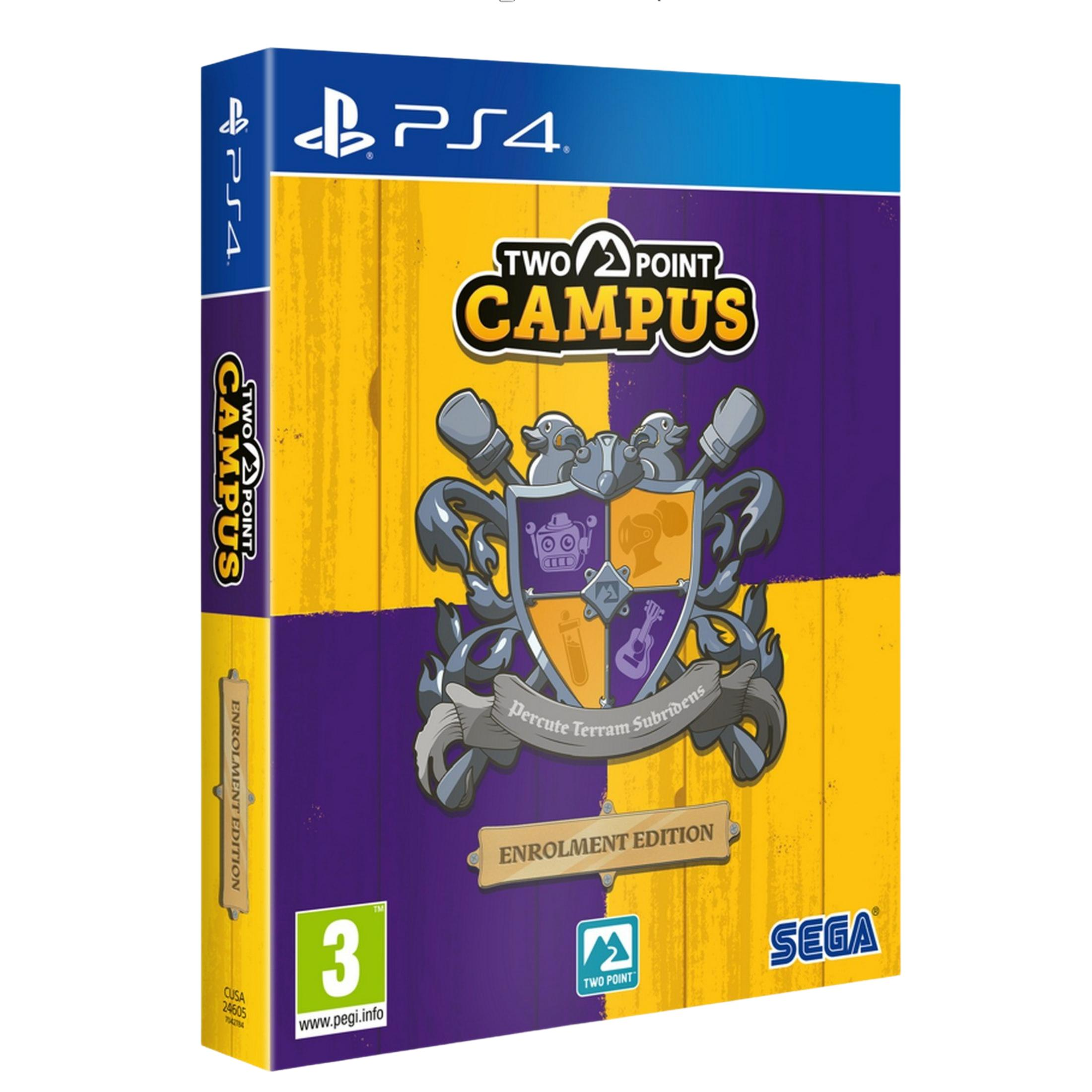 Custodia gioco PS4 "Two Point Campus: Enrolment Edition" con stemma e design viola/giallo.