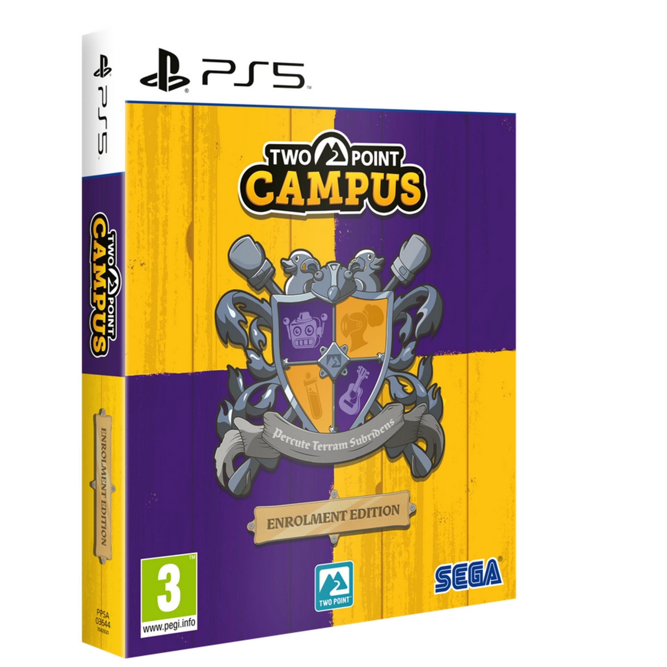 Gioco PS5 "Two Point Campus" "Enrolment Edition" con stemma e design giallo/viola.