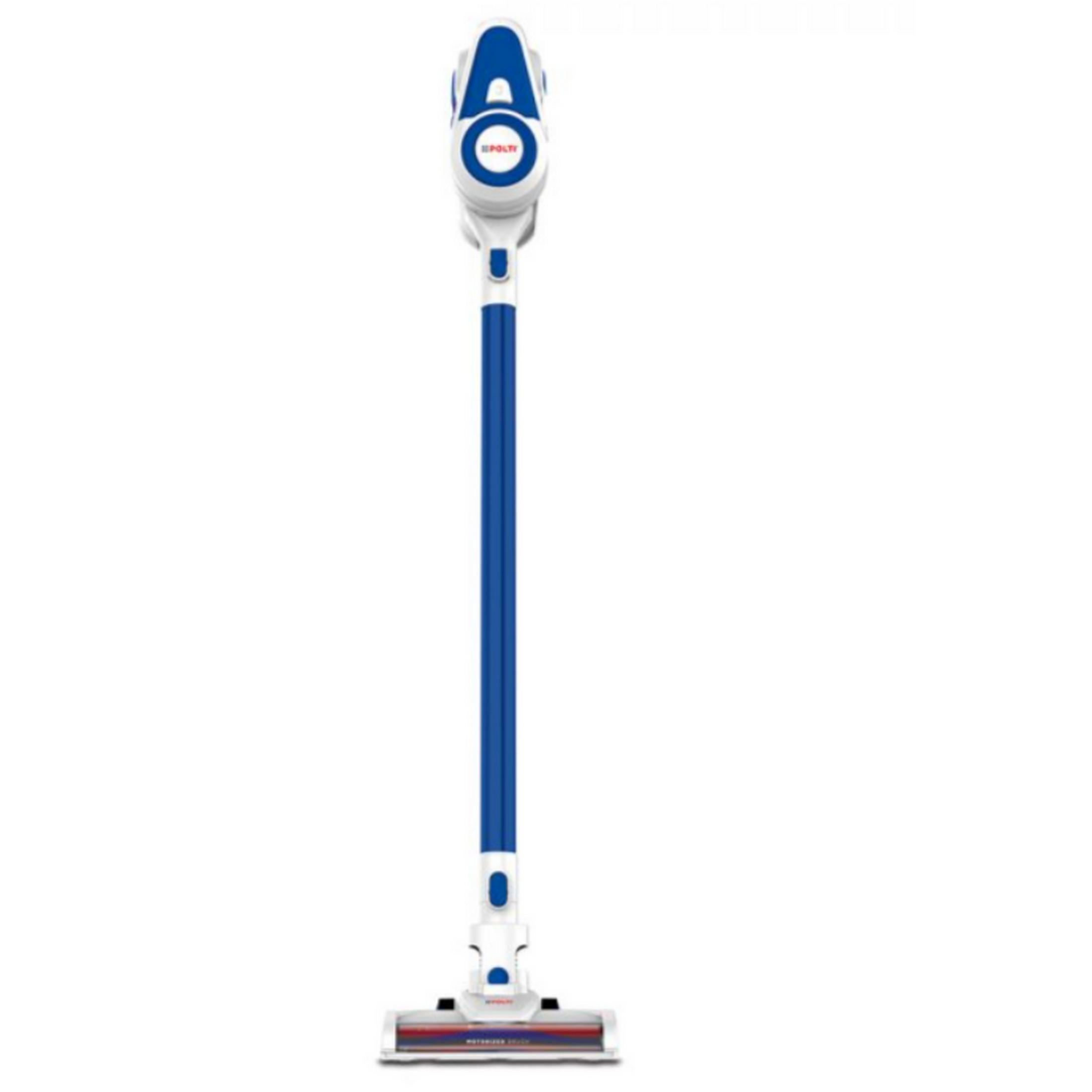 Un aspirapolvere senza fili blu e bianco è in piedi, con spazzola in basso.