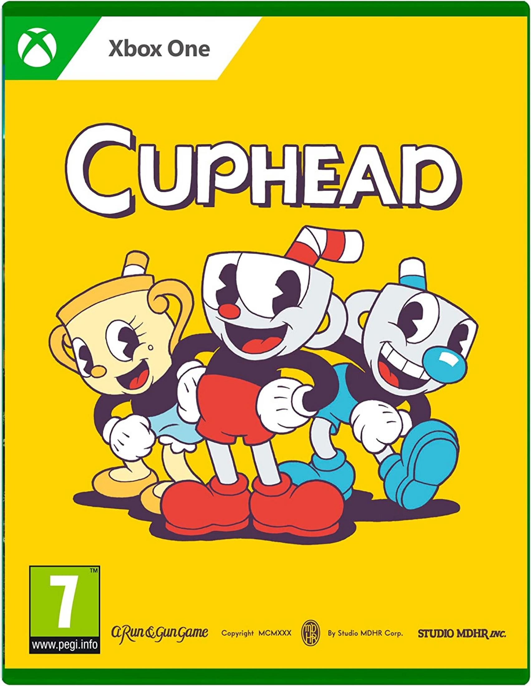 Copertina del gioco Cuphead con tre personaggi a tazza su sfondo giallo.