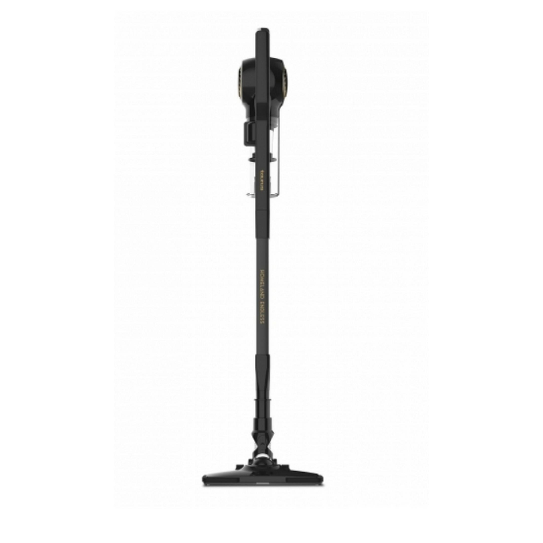 A black cordless vacuum cleaner with gold accents on a white background.