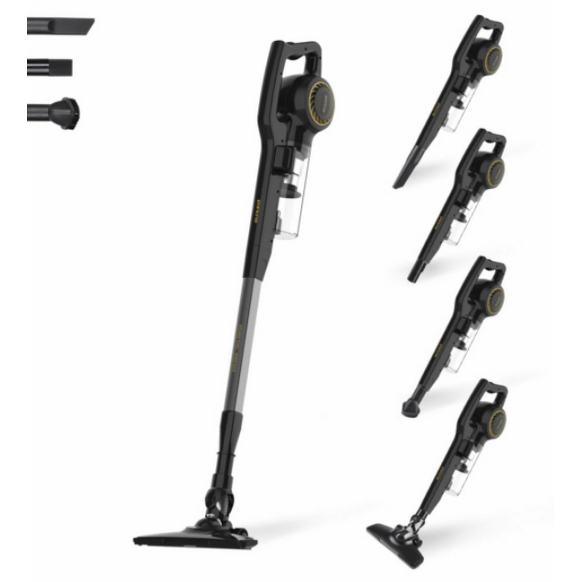 A black stick vacuum cleaner with gold accents, accessories, and multiple views.