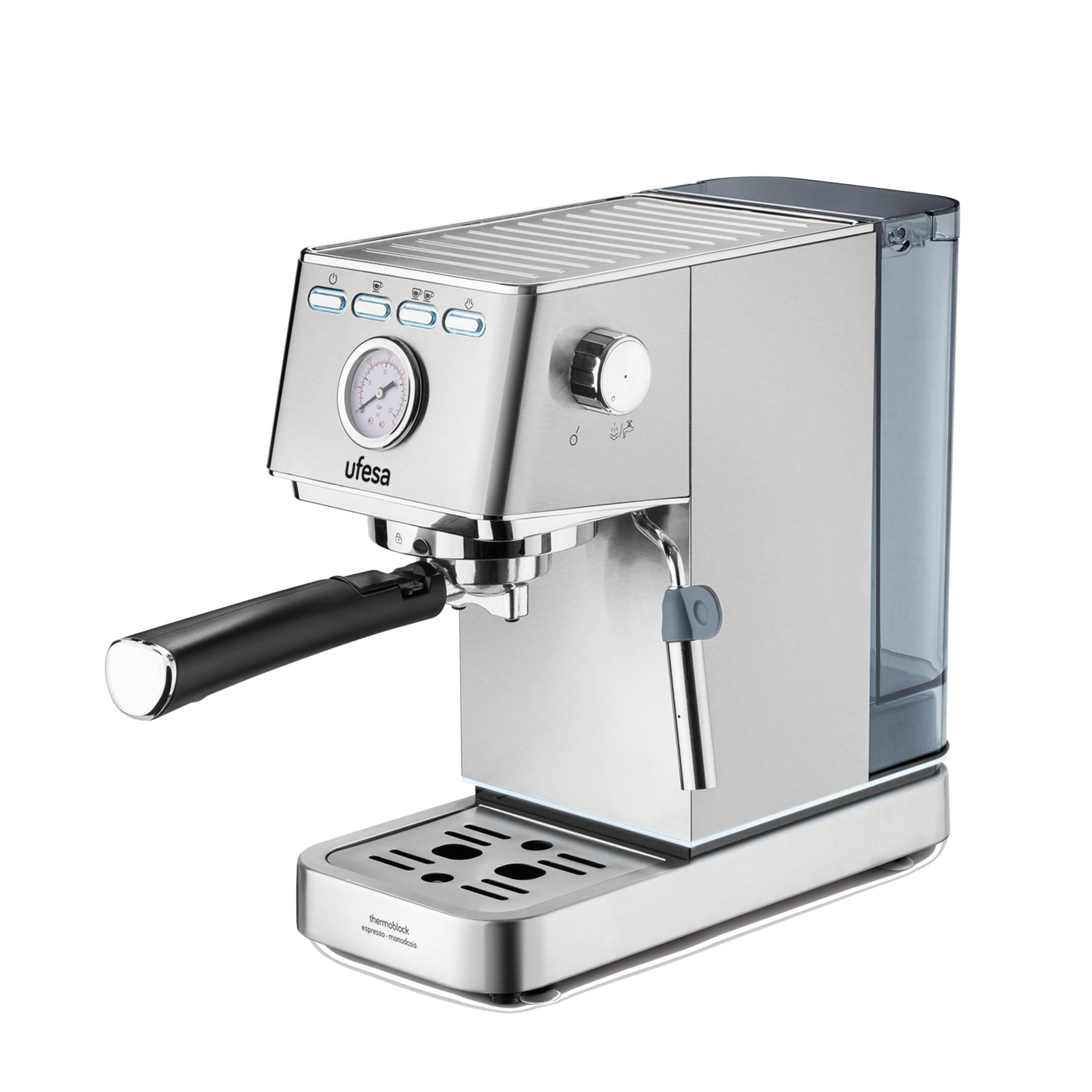 Macchina per espresso in acciaio inox con manico nero, manometro e serbatoio.