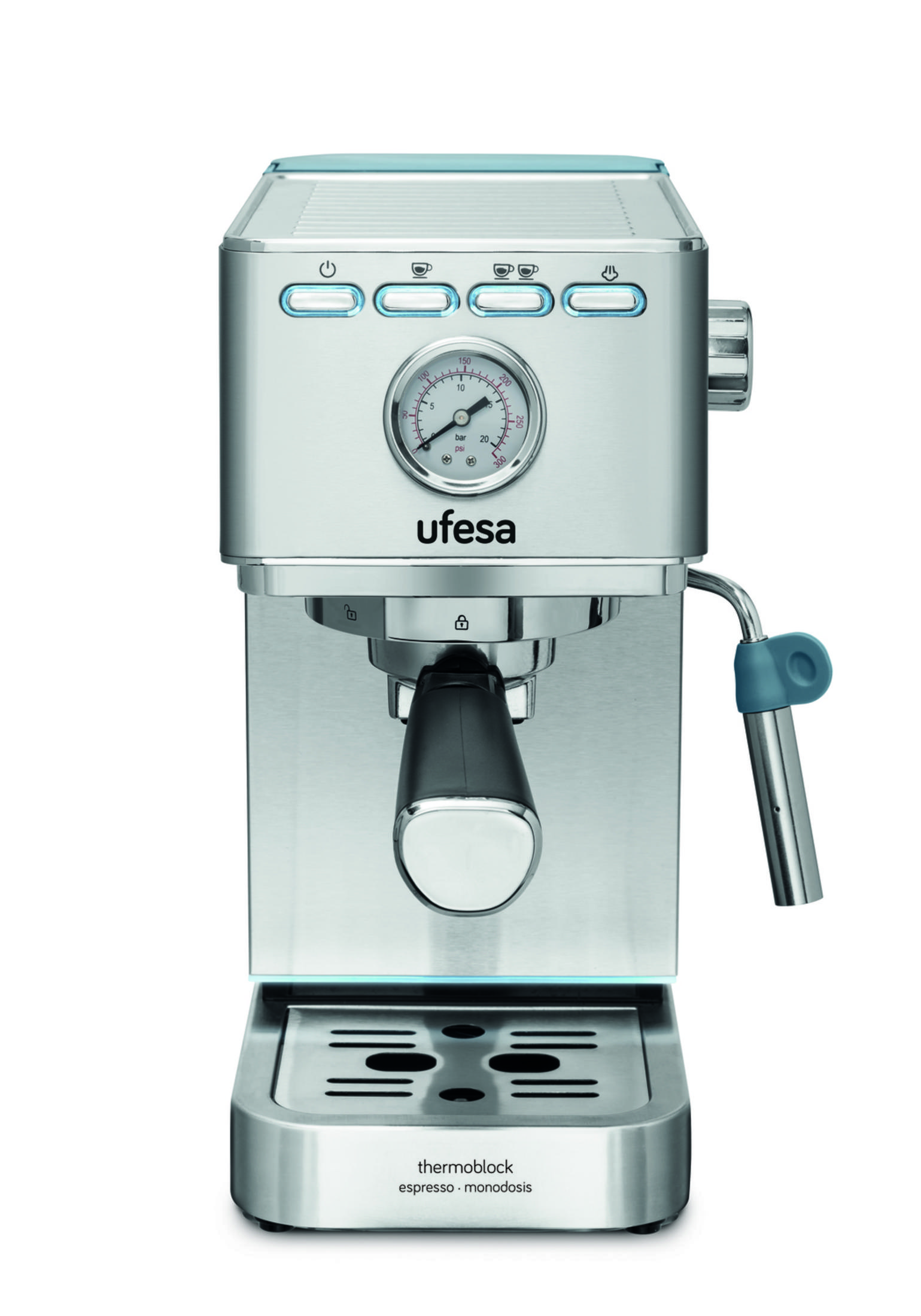 Una macchina per espresso argentata con dettaglio blu, manometro e pulsanti.