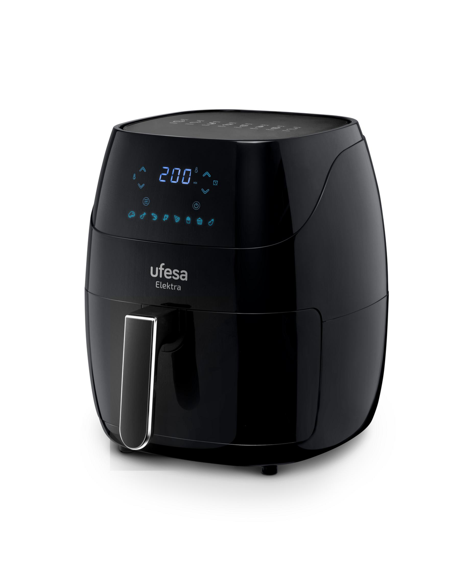 Freidora de aire Ufesa Elektra negra con pantalla digital que muestra 200 grados.