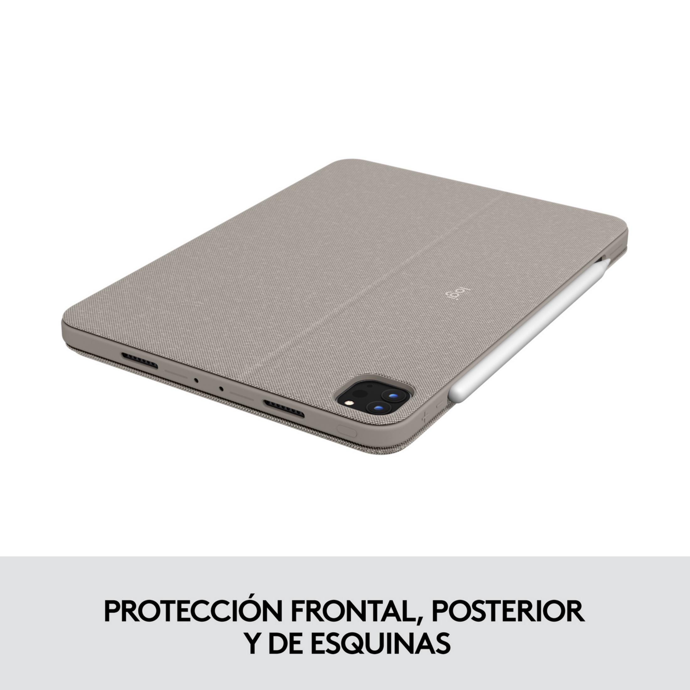 Custodia grigia per tablet con stilo su sfondo bianco.