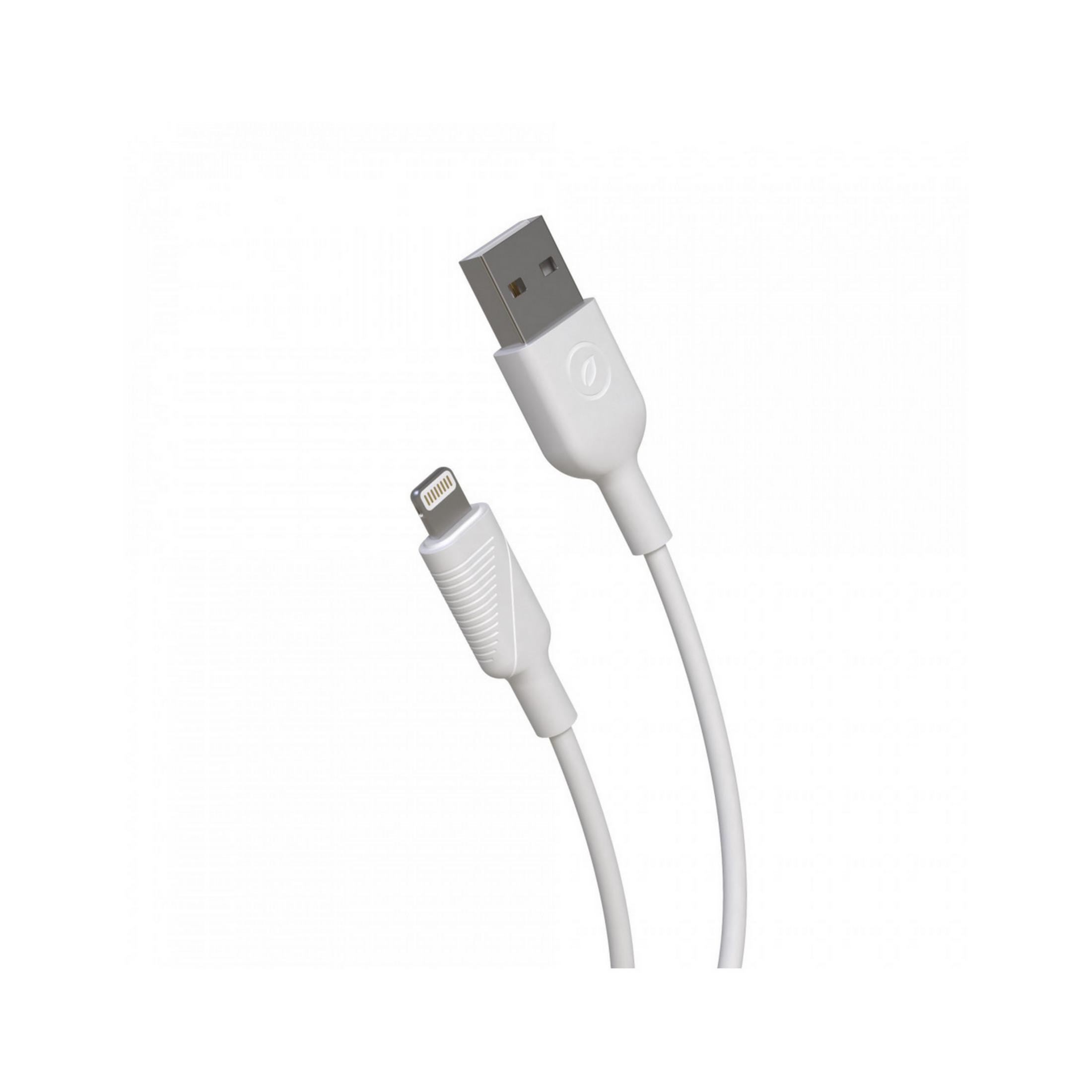 Un cable USB blanco con conector Lightning, aislado sobre fondo blanco.