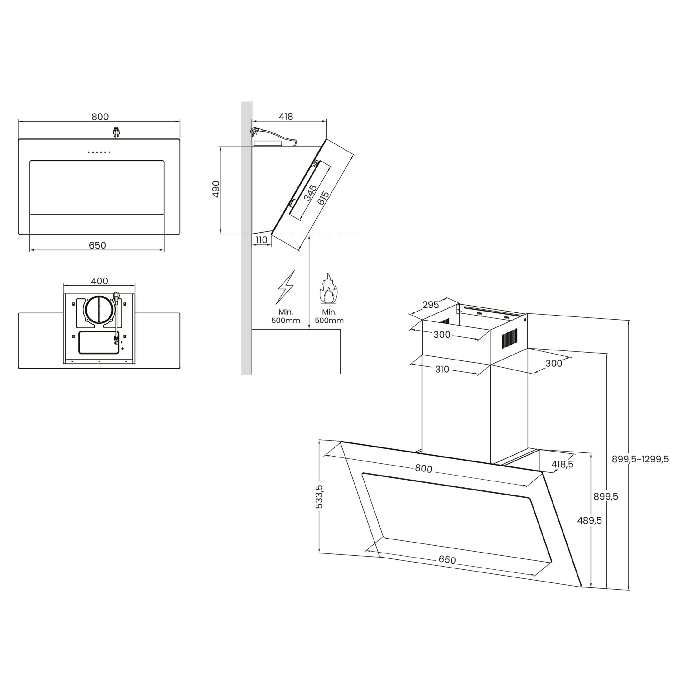 Dibujo técnico de una campana extractora con dimensiones y guías de instalación.