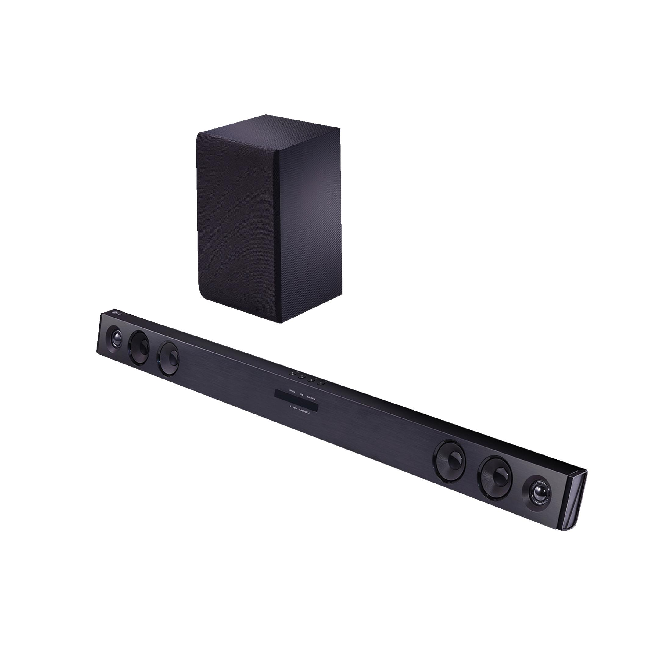 Subwoofer e soundbar neri con altoparlanti su sfondo bianco.