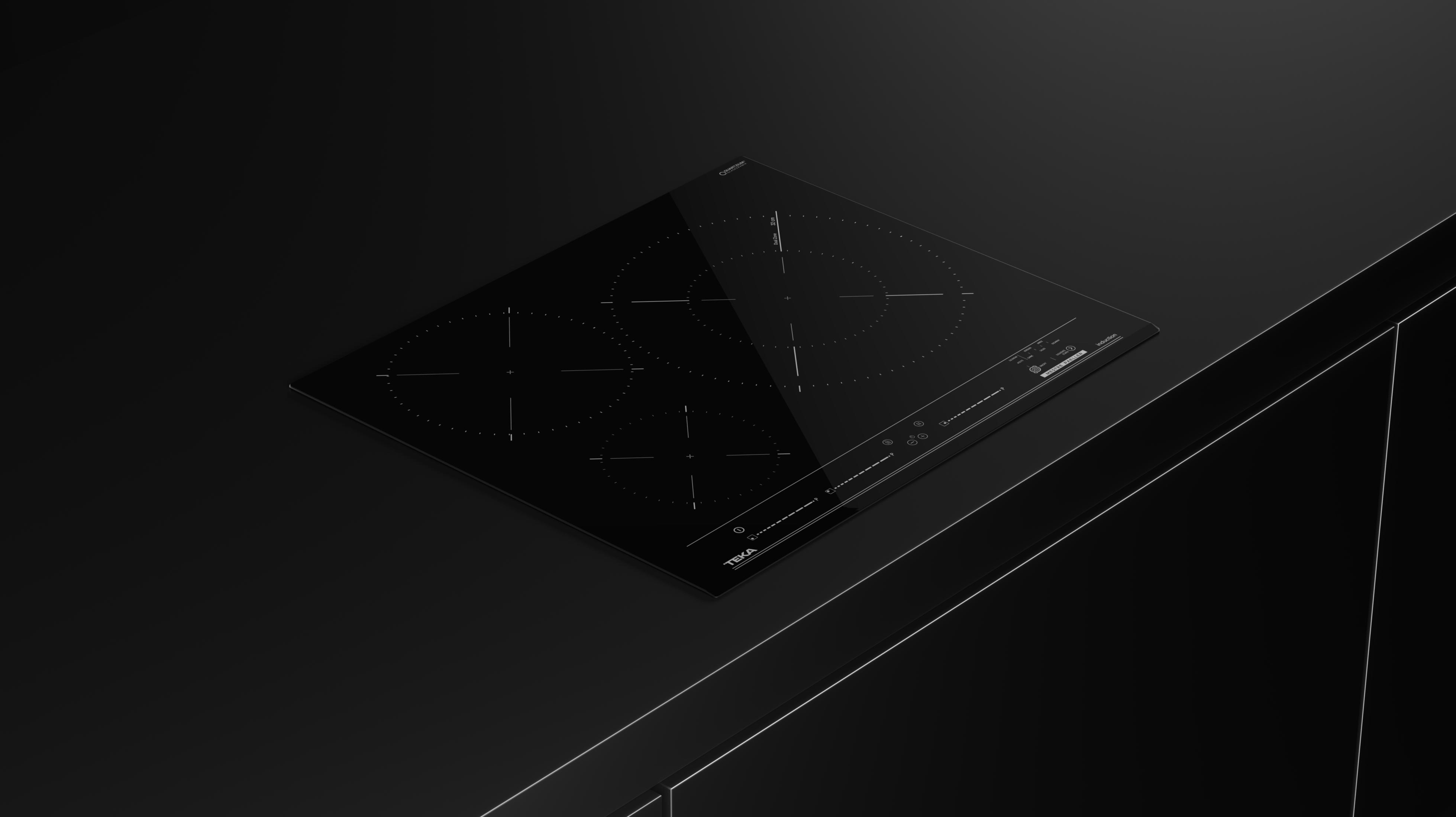 Placa de inducción negra con cuatro zonas de cocción y panel táctil.
