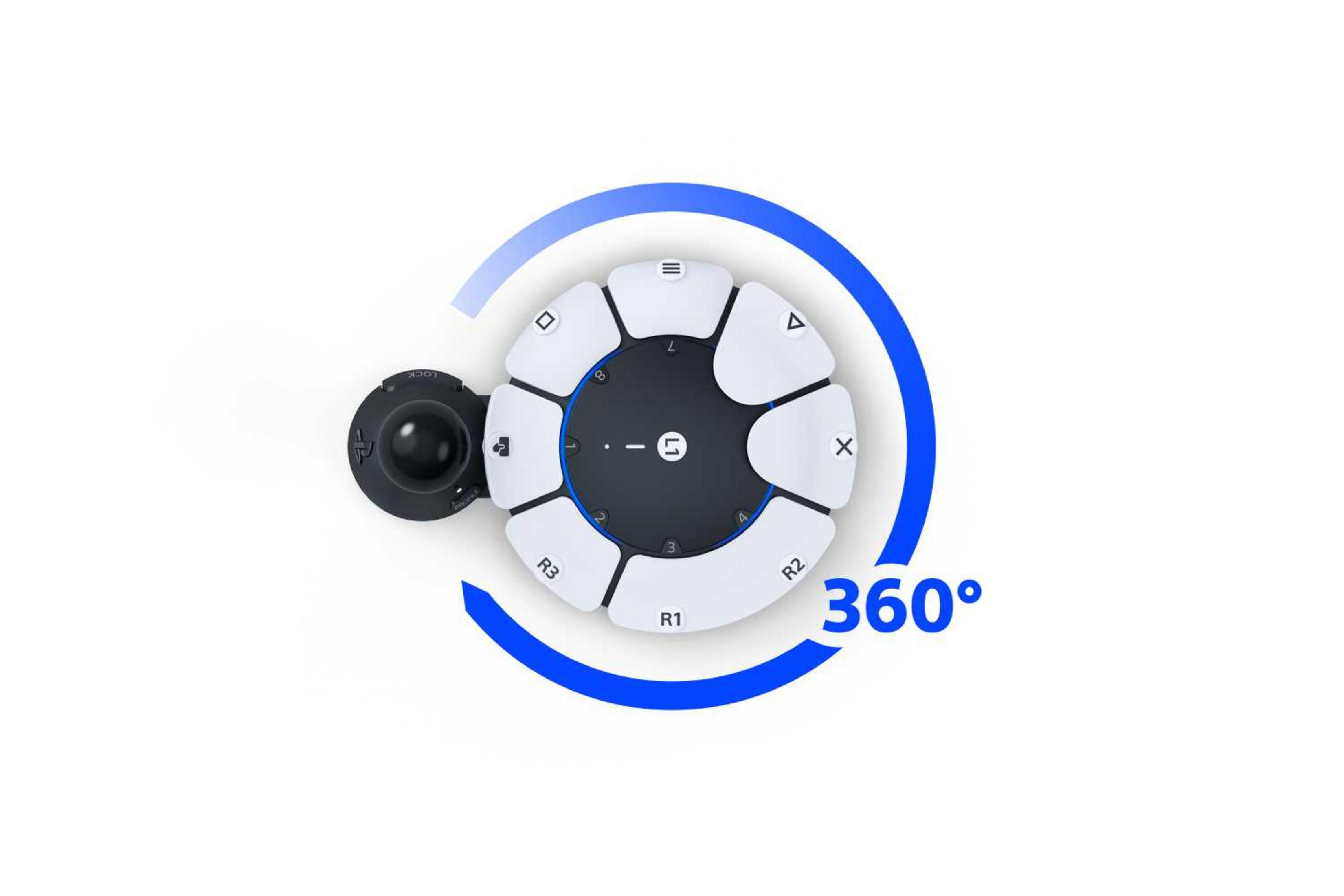 Un controller bianco circolare con una grafica blu a 360 gradi.