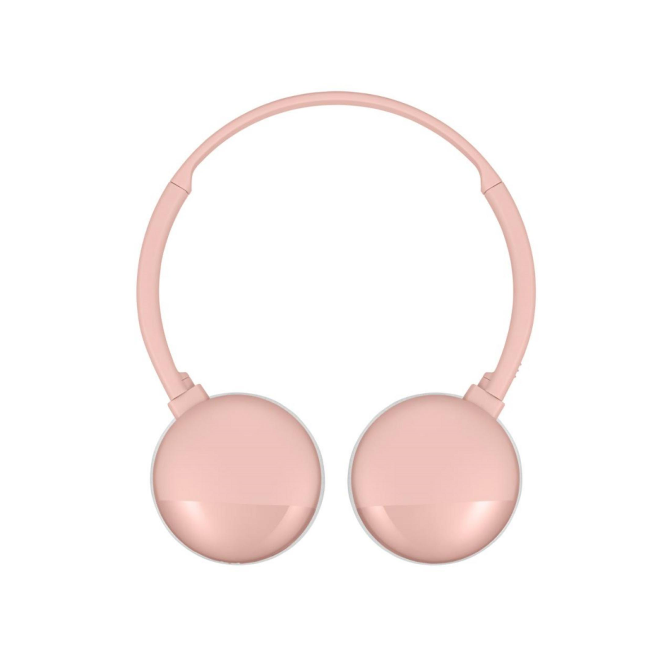 Unos auriculares rosas con diseño redondo, sobre fondo blanco.