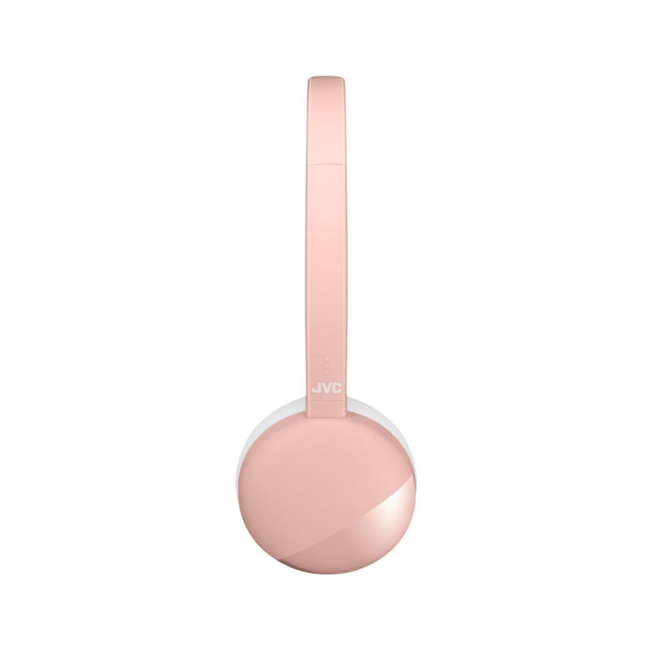 Un auricular rosa con logo JVC sobre fondo blanco.