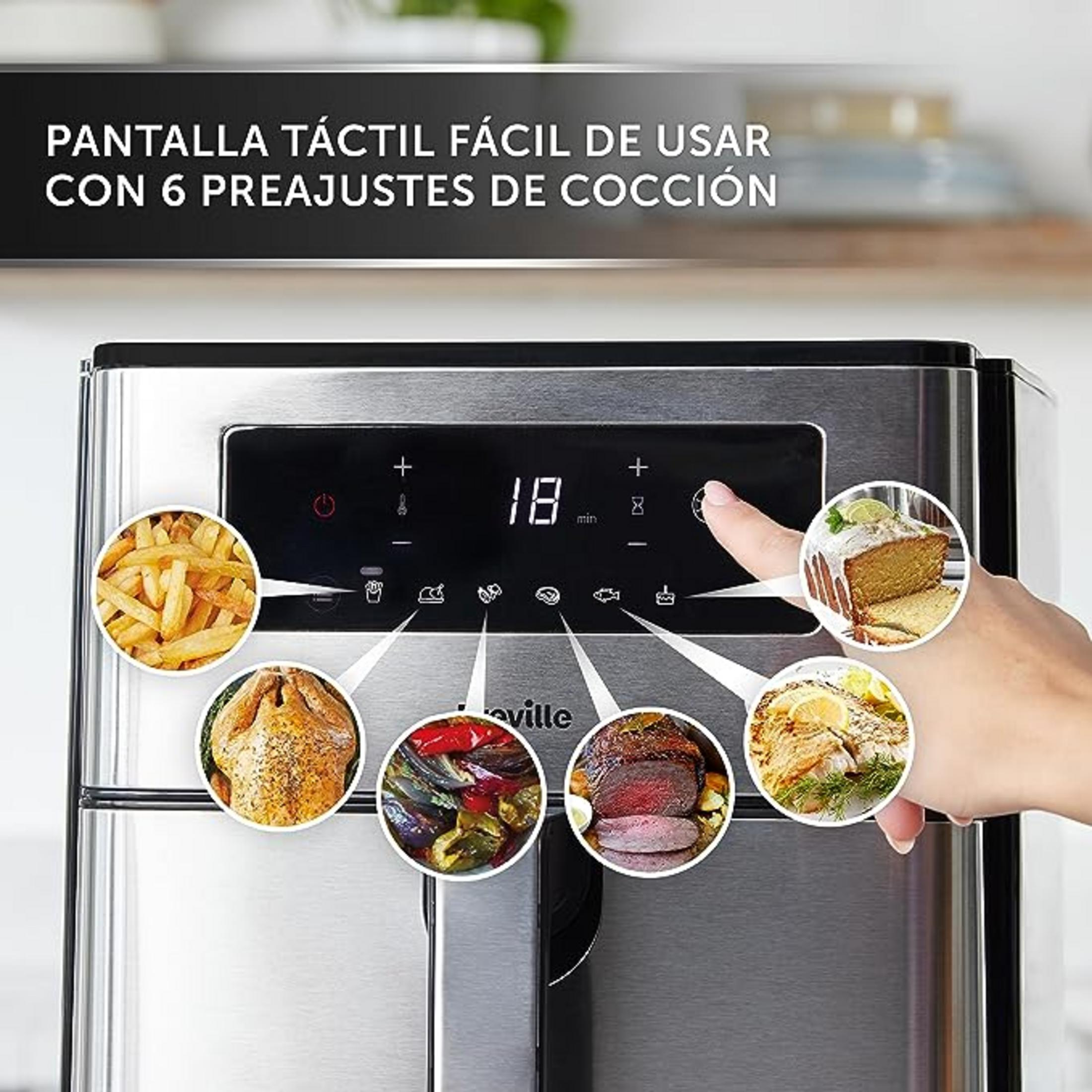 Freidora de aire con pantalla táctil y 6 preajustes de cocción.