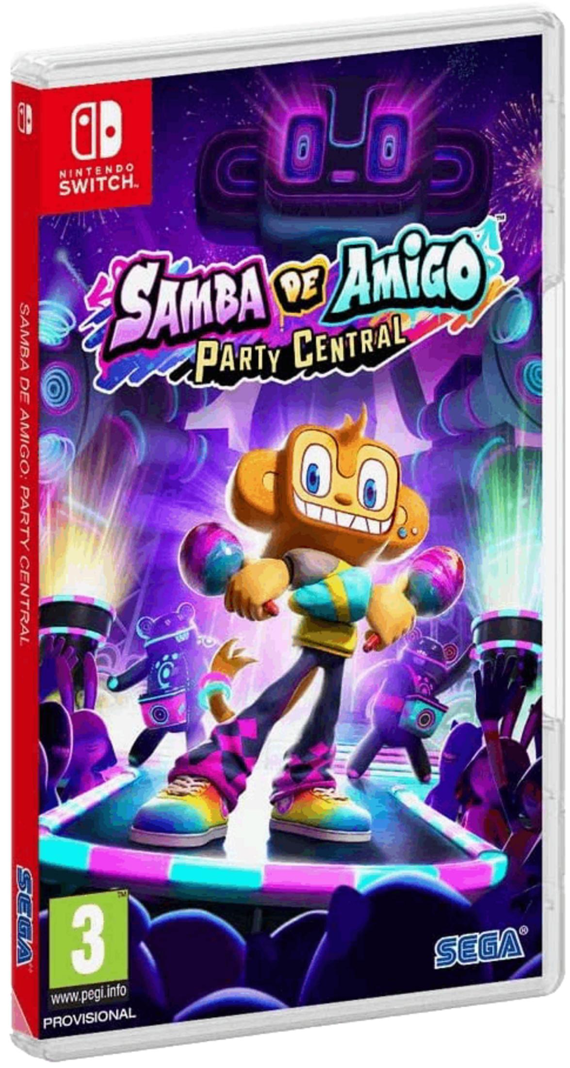 Copertina del gioco Samba de Amigo: Party Central. Scimmia con maracas, luci colorate.