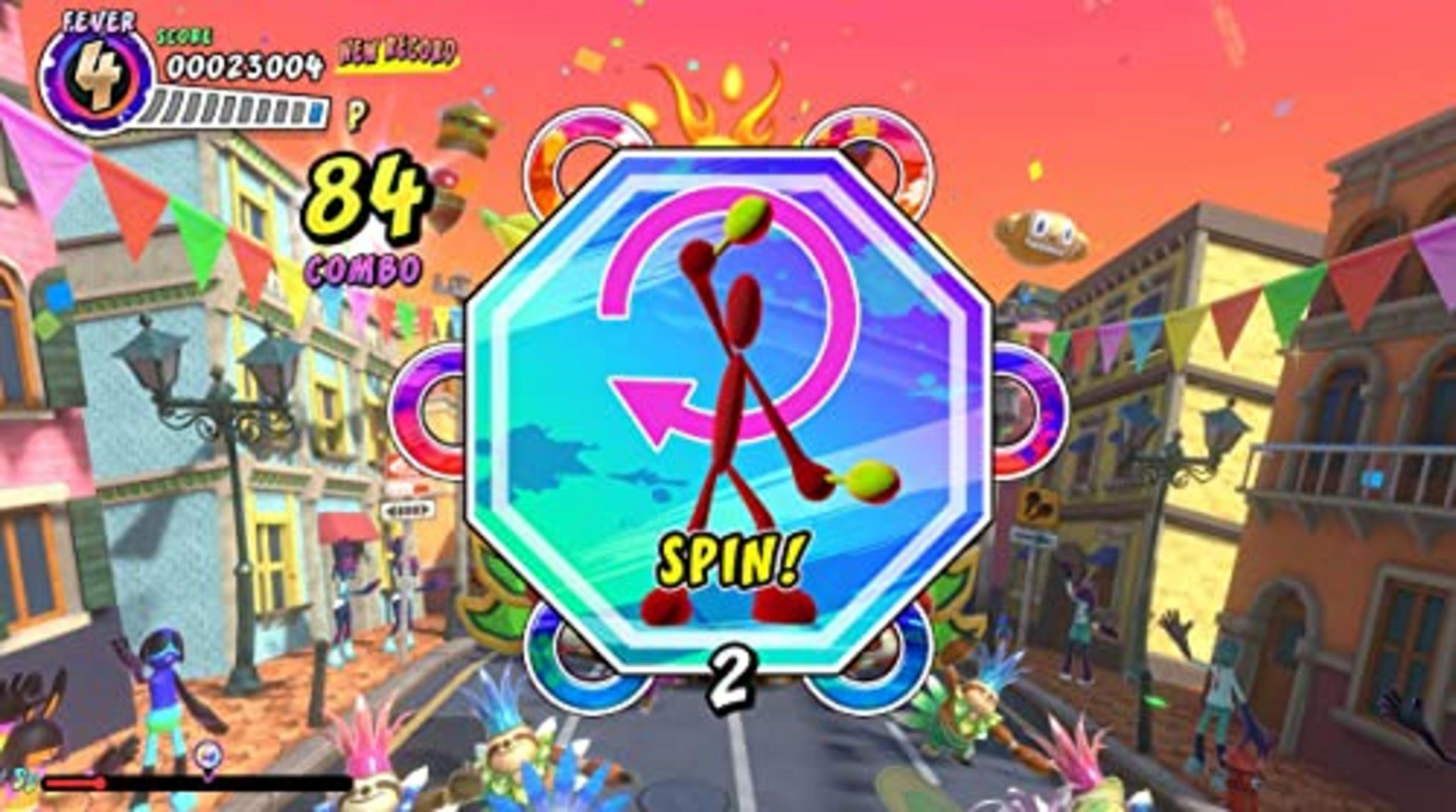 Schermata di gioco con una figura stilizzata rossa che fa girare le maracas in una strada con edifici colorati.