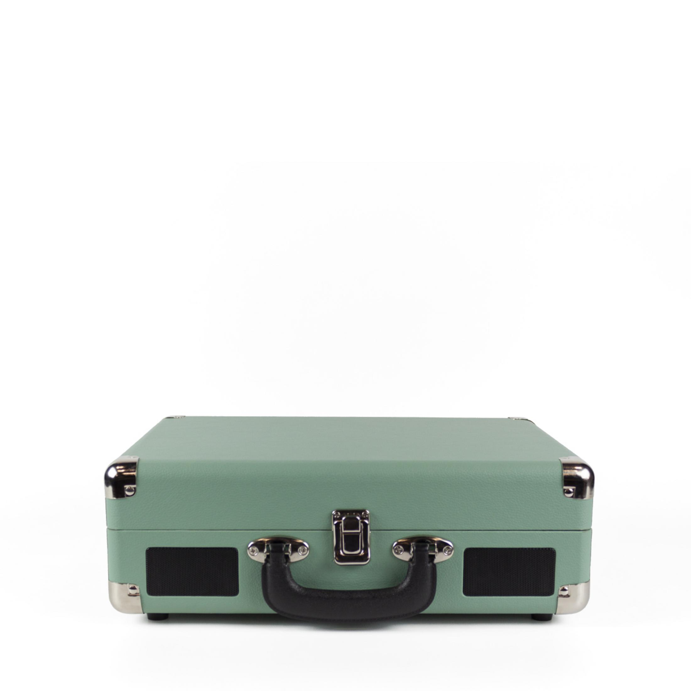 A pastel green suitcase-style record player with a black handle and silver fittings.