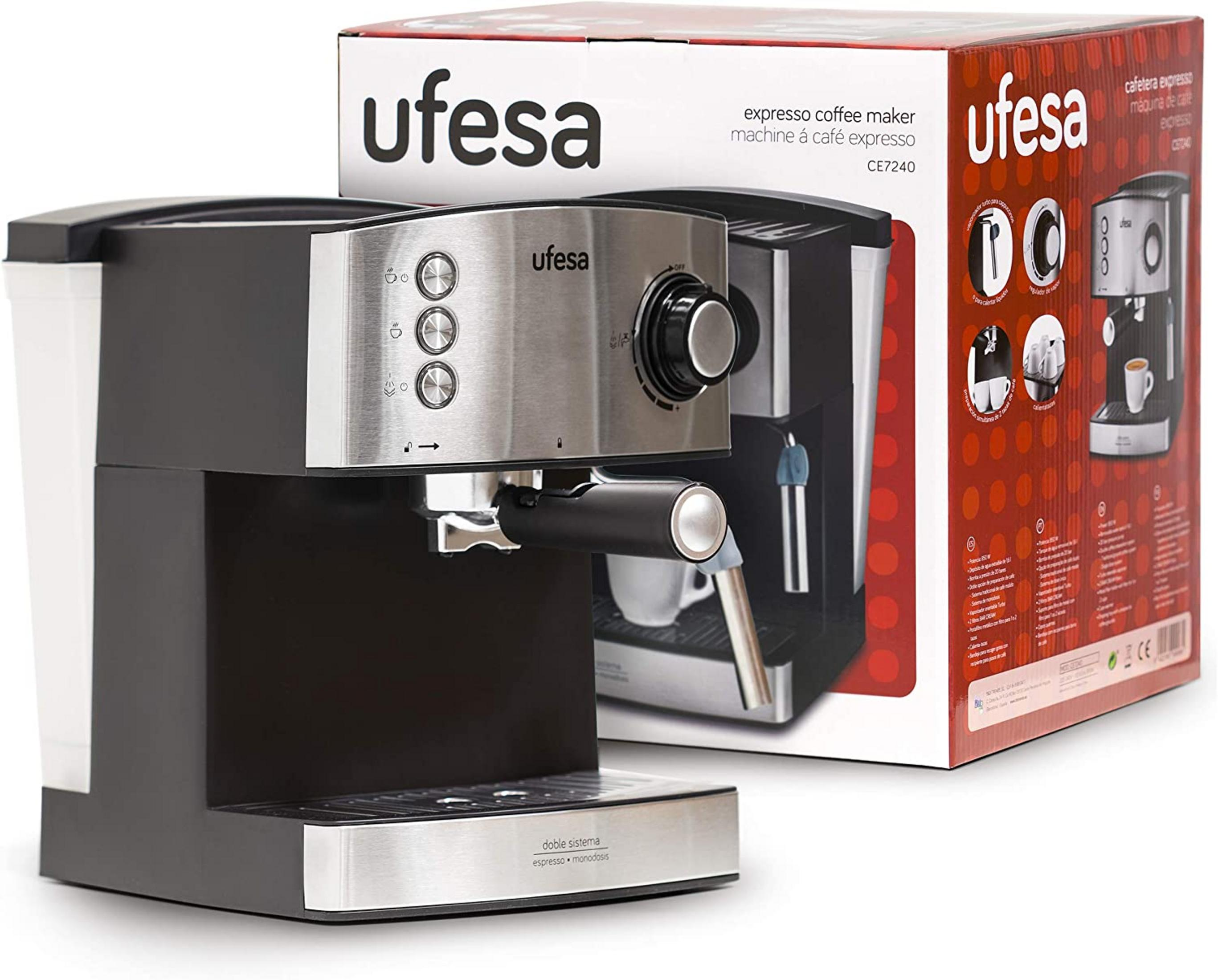 Una cafetera Ufesa plateada y negra junto a su caja.