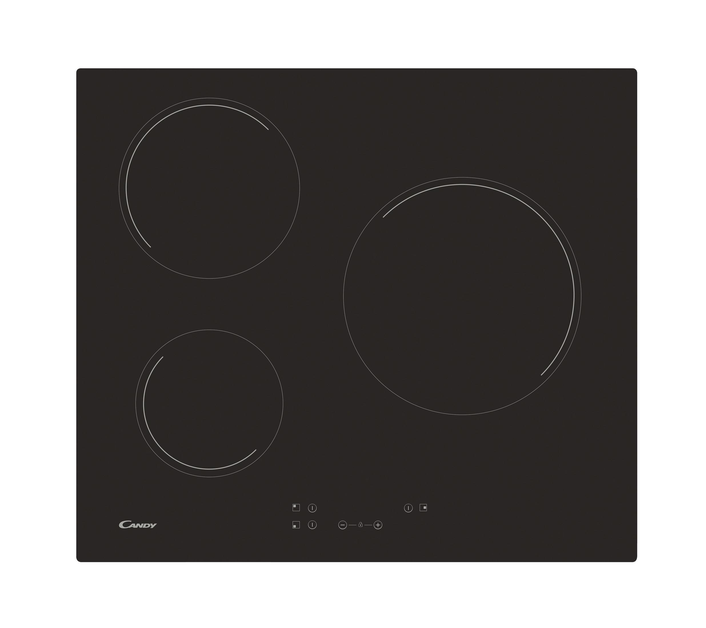 Placa de inducción negra con tres zonas de cocción y botones de control.