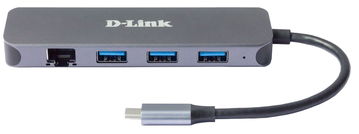 Hub USB-C D-Link grigio con Ethernet e tre porte USB.